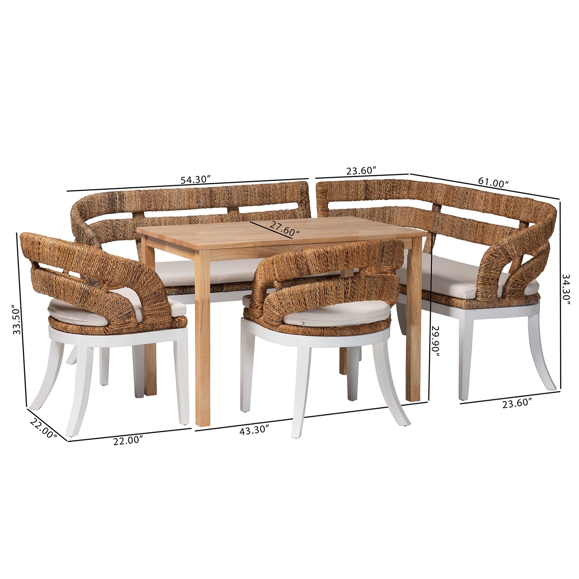 bali & pari Ubud Seagrass Dining Nook Set with Wood Table, Cushioned L-Shaped Bench and Chairs - Coastal Farmhouse Breakfast Corner Furniture Set for Kitchen or Dining Room, 5-Piece