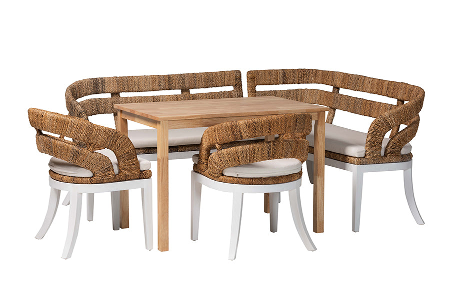 bali & pari Ubud Seagrass Dining Nook Set with Wood Table, Cushioned L-Shaped Bench and Chairs - Coastal Farmhouse Breakfast Corner Furniture Set for Kitchen or Dining Room, 5-Piece