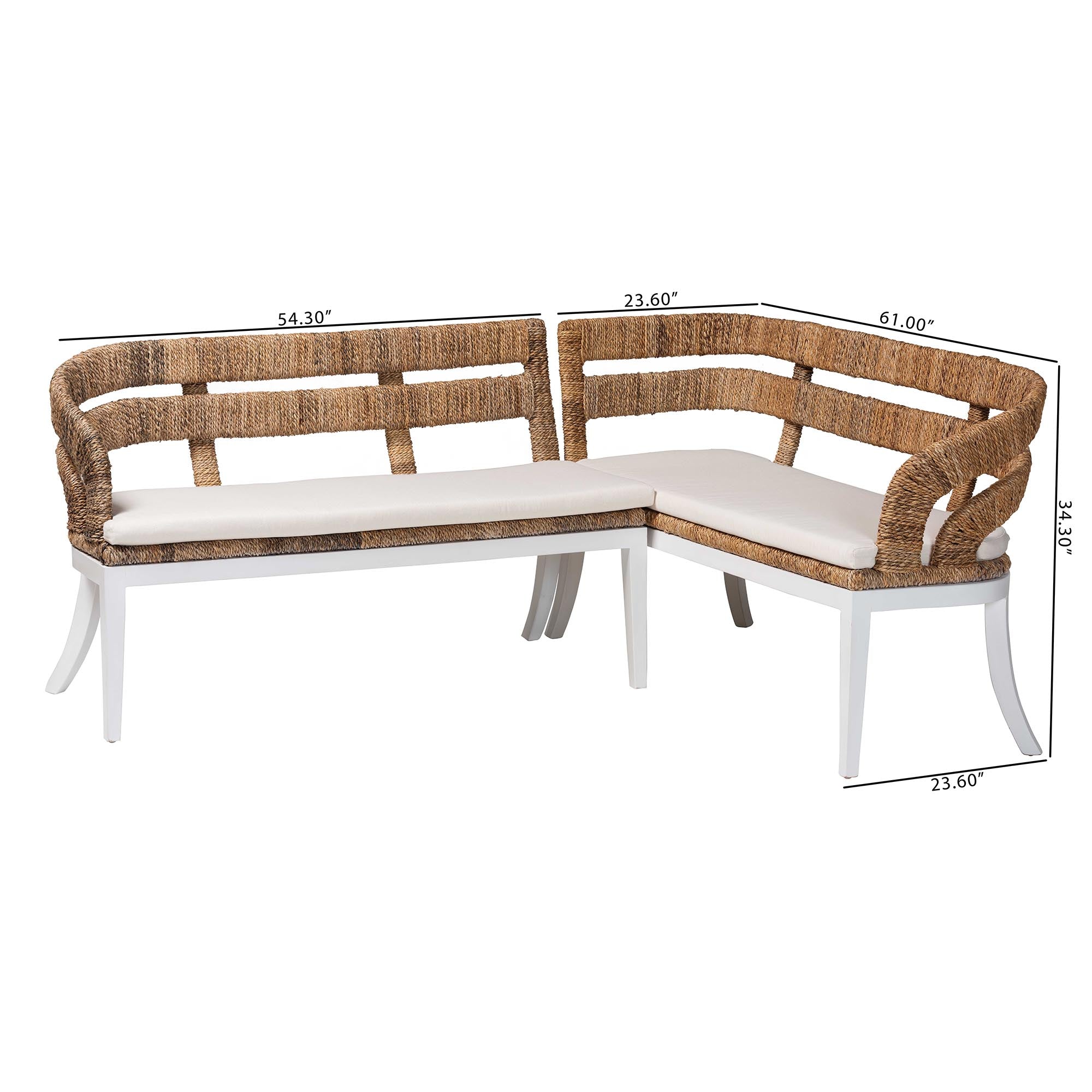 bali & pari Ubud Seagrass Dining Nook Set with Mahogany Wood Frame - L-Shaped Rattan Accent Corner Bench for Kitchen or Dining Room, 2-Piece