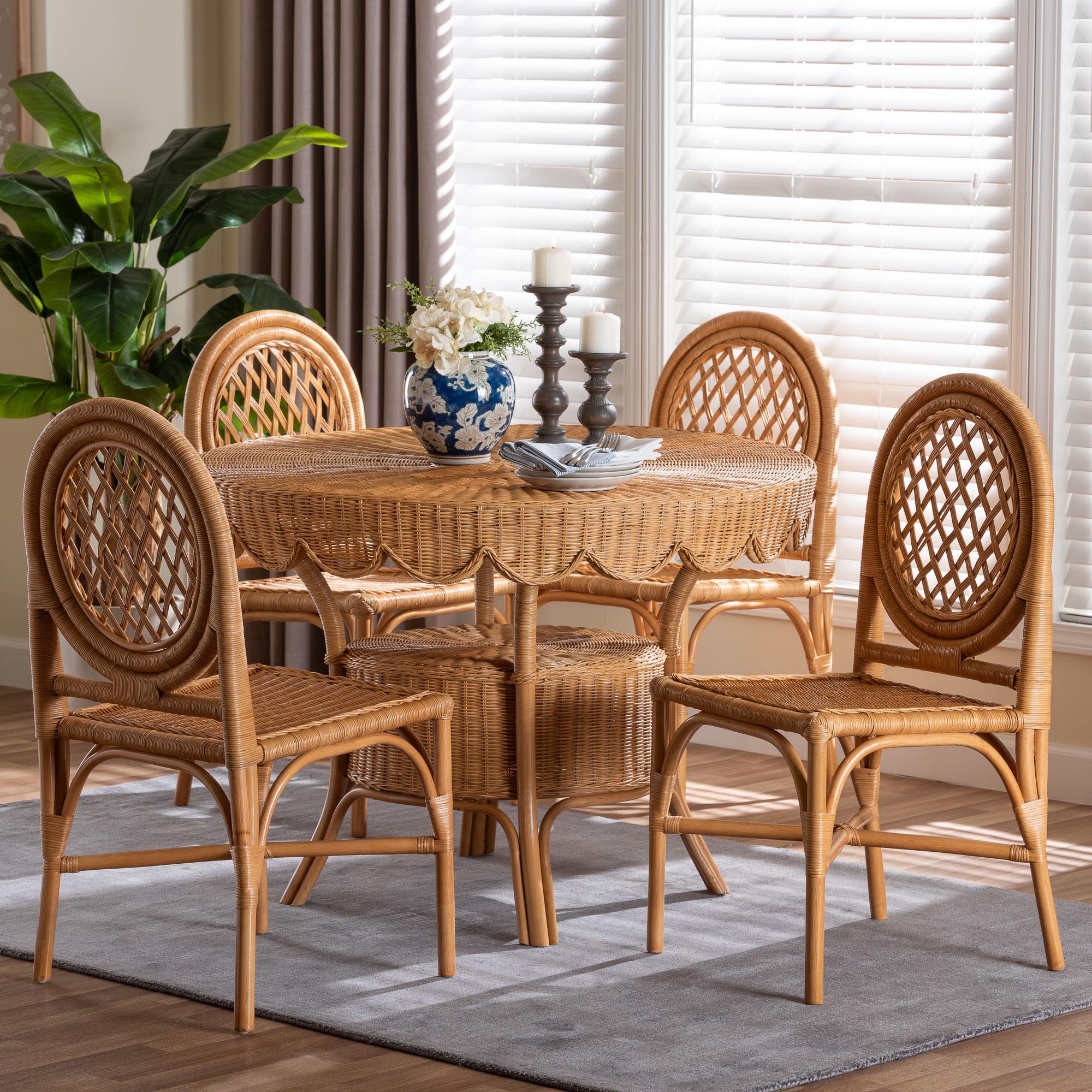 bali & pari Troy 5-Piece Rattan Dining Set - Round Wicker Table with Scallop Edge and 4 Lattice Back Chairs, Handwoven Boho Coastal Style for Indoor Kitchen or Dining Room, Light Honey