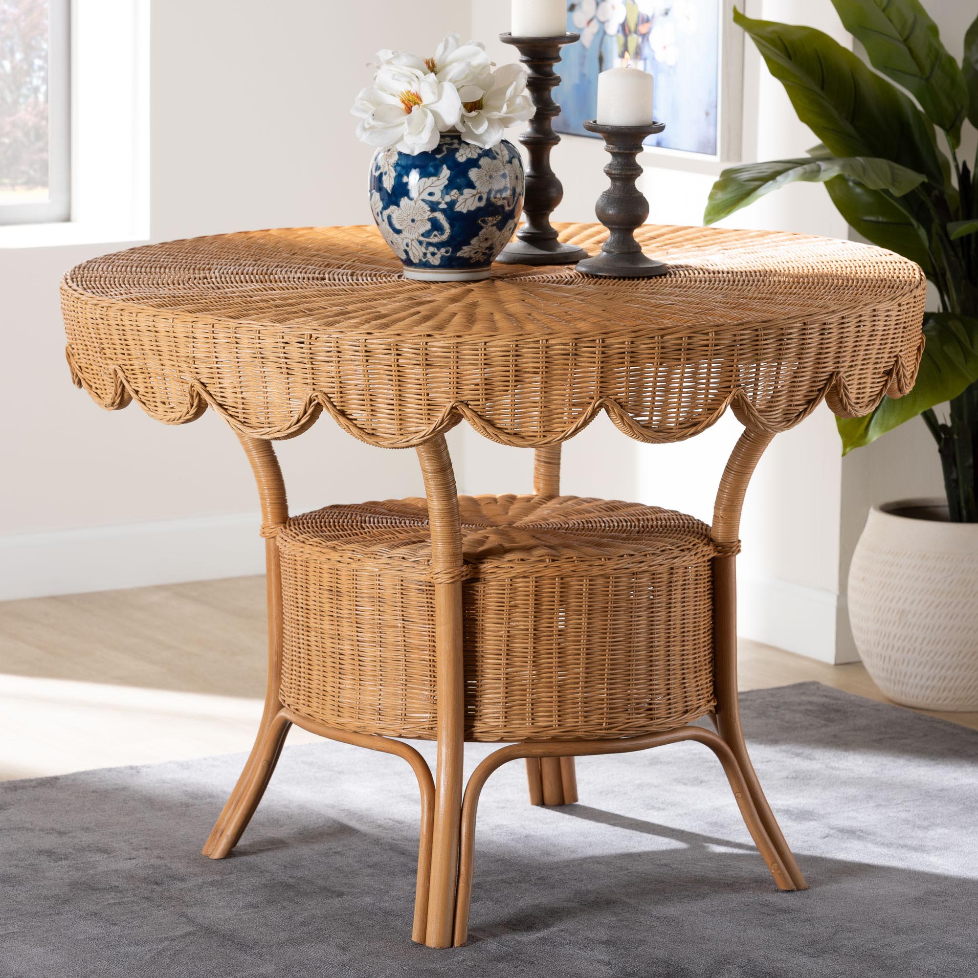 bali & pari Abena Bohemian Scalloped Light Honey Rattan Dining Table