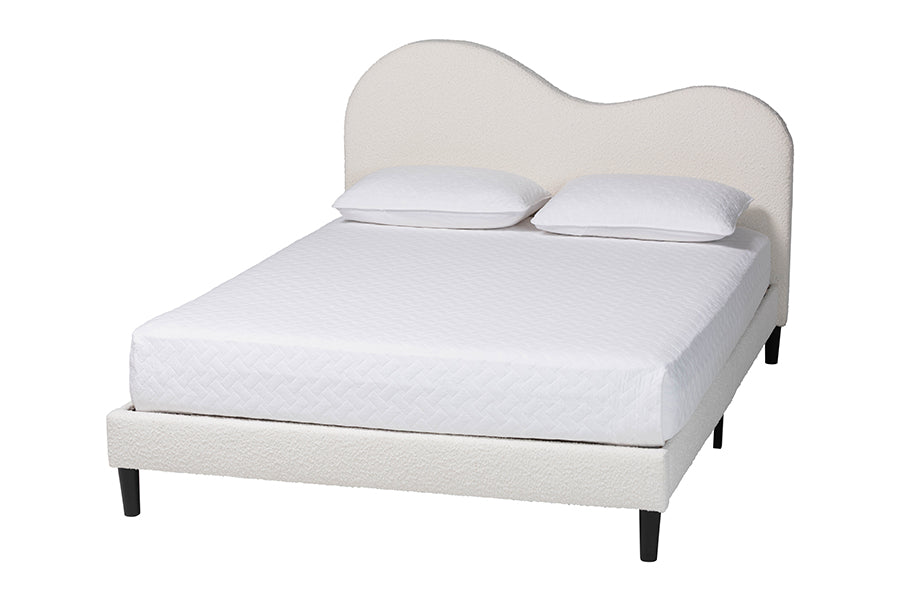 Dalton Boucle Upholstered Platform Bed - Soft Fabric Bed Frame with Headboard, Minimalist Design, Cream