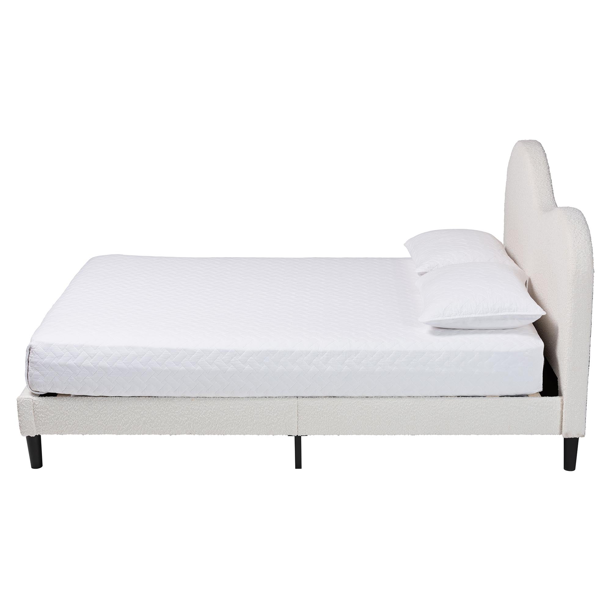 Dalton Boucle Upholstered Platform Bed - Soft Fabric Bed Frame with Headboard, Minimalist Design, Cream