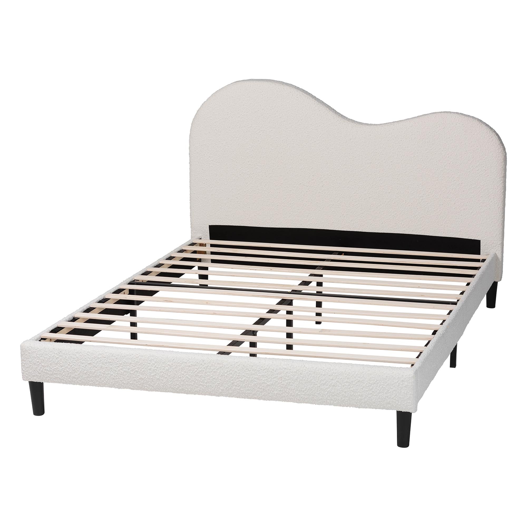 Dalton Boucle Upholstered Platform Bed - Soft Fabric Bed Frame with Headboard, Minimalist Design, Cream