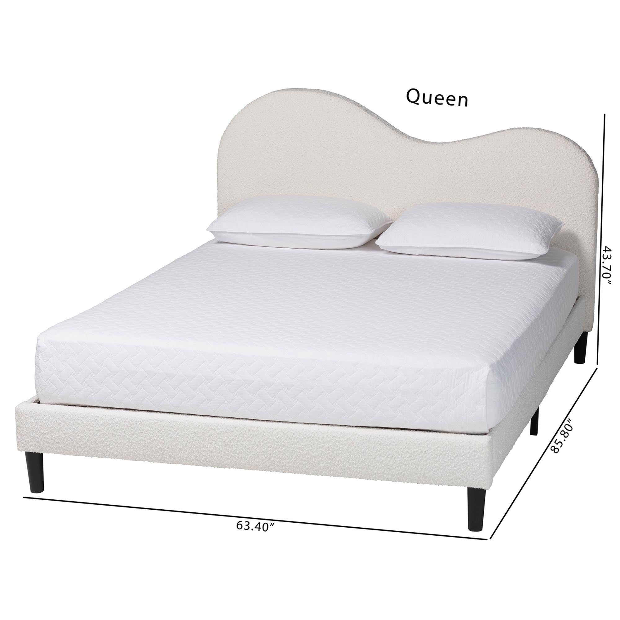 Dalton Boucle Upholstered Platform Bed - Soft Fabric Bed Frame with Headboard, Minimalist Design, Cream