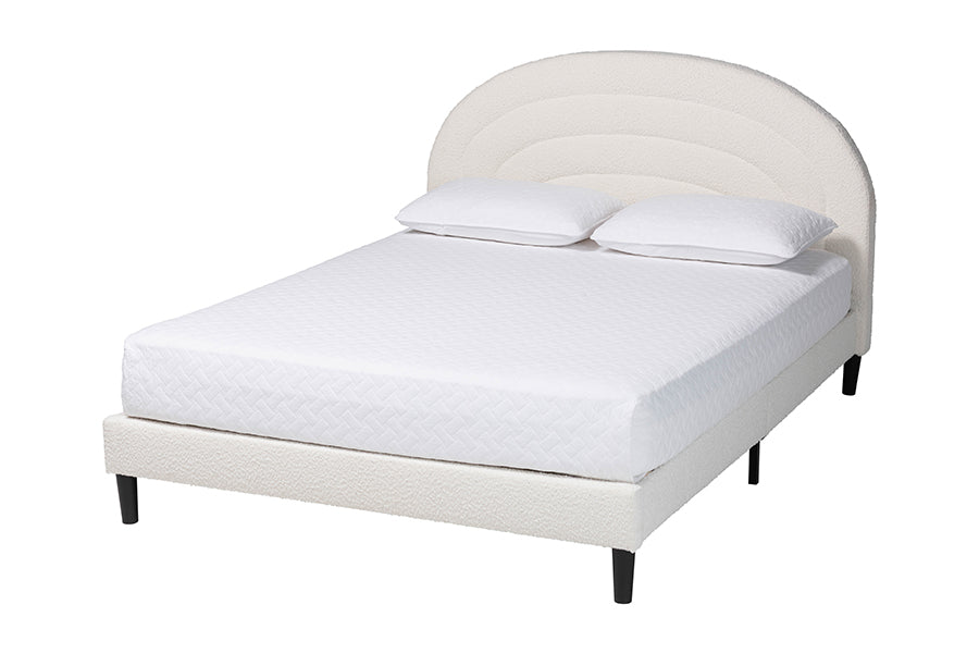 Pelagia Boucle Upholstered Platform Bed - Soft Fabric Bed Frame with Padded Headboard, Minimalist Design, Cream