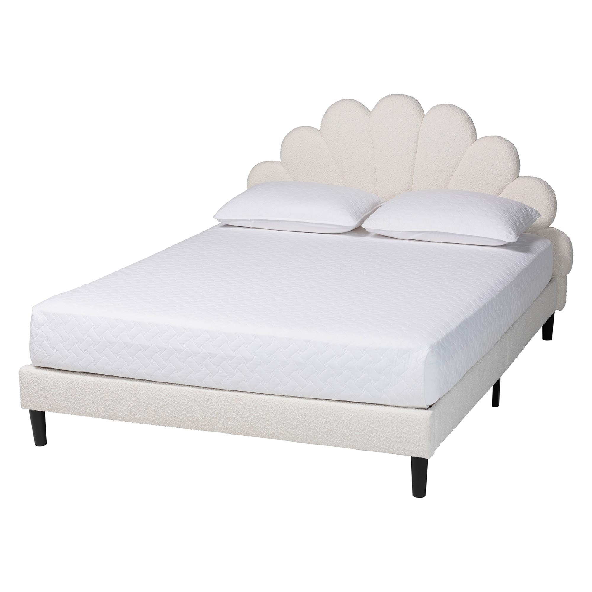 Albion Boucle Upholstered Platform Bed - Soft Fabric Bed Frame with Padded Headboard, Minimalist Design, Cream
