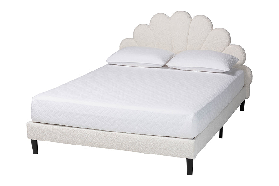Albion Boucle Upholstered Platform Bed - Soft Fabric Bed Frame with Padded Headboard, Minimalist Design, Cream