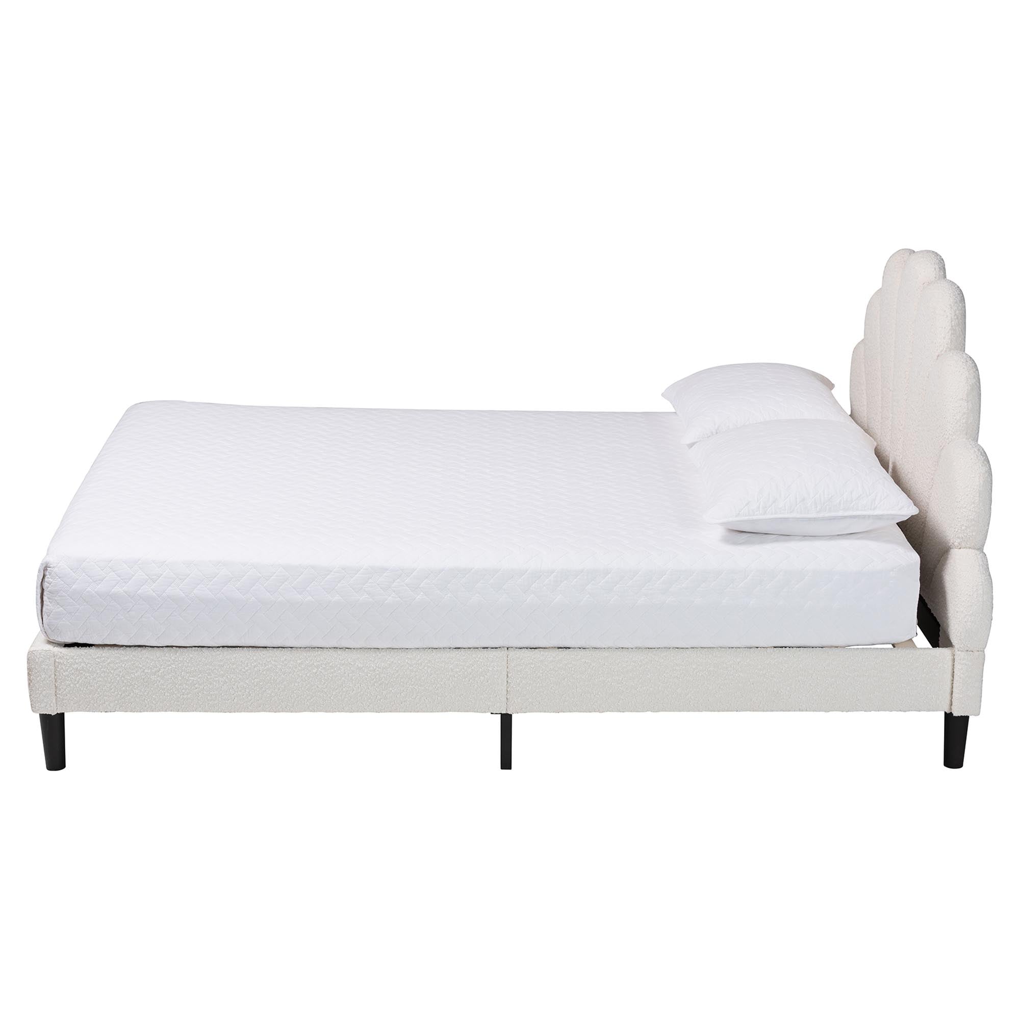 Albion Boucle Upholstered Platform Bed - Soft Fabric Bed Frame with Padded Headboard, Minimalist Design, Cream