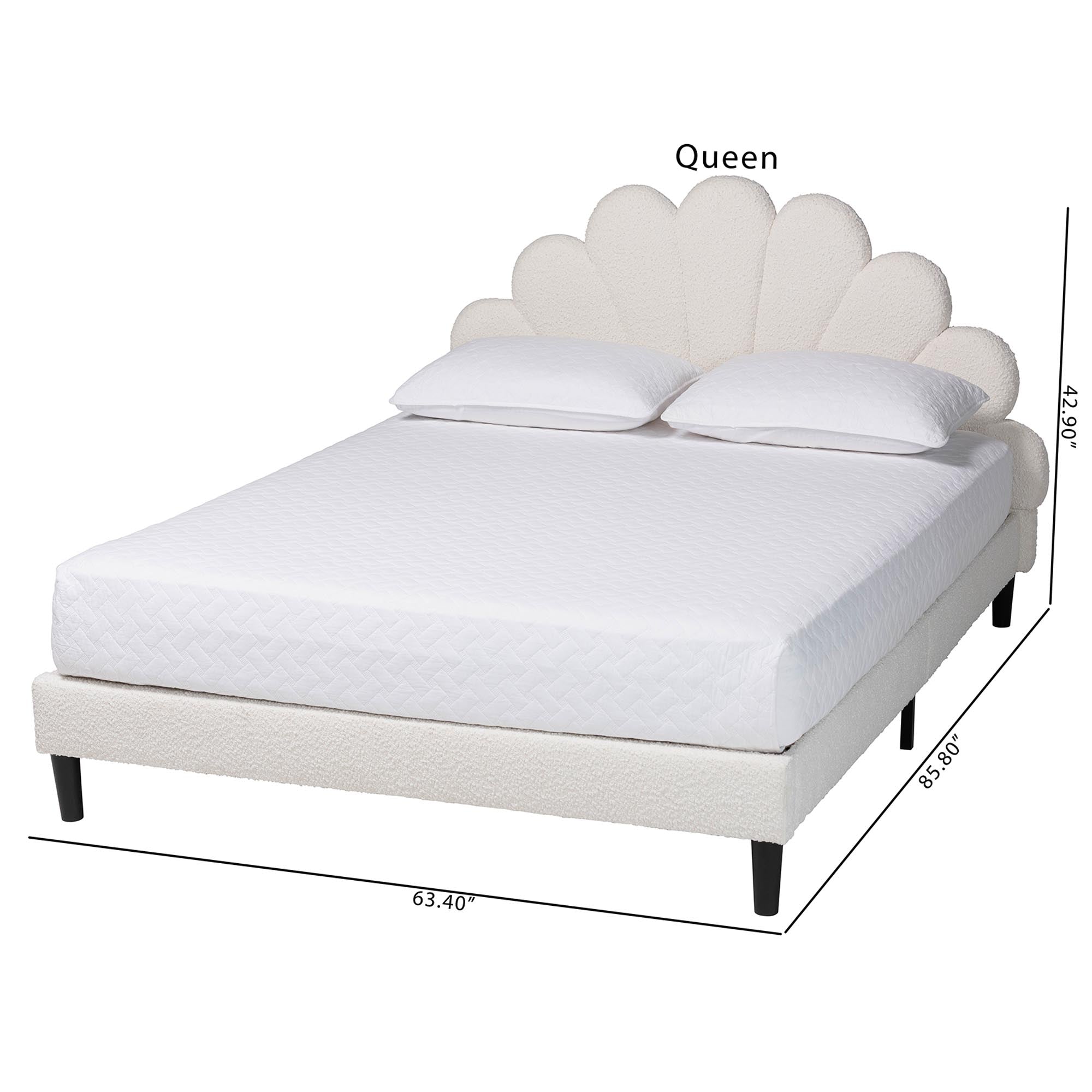 Albion Boucle Upholstered Platform Bed - Soft Fabric Bed Frame with Padded Headboard, Minimalist Design, Cream