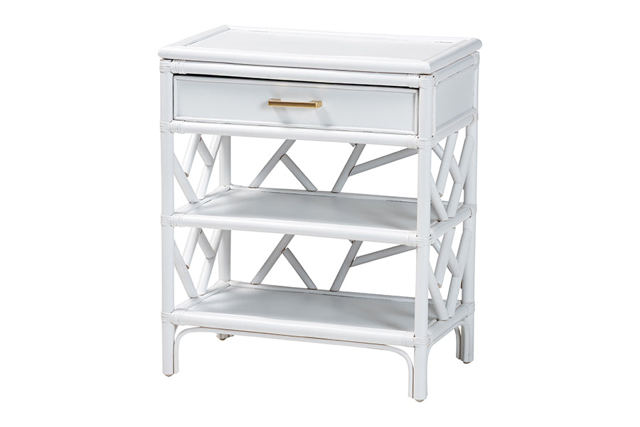 bali & pari Daina Rattan Nightstand with Drawer and Open Shelves- Coastal Bedside Table with Geometric Design,