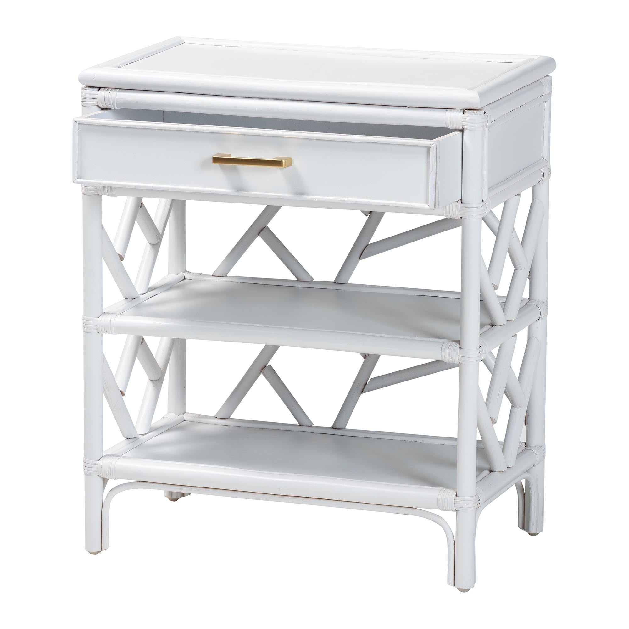 bali & pari Daina Rattan Nightstand with Drawer and Open Shelves- Coastal Bedside Table with Geometric Design,