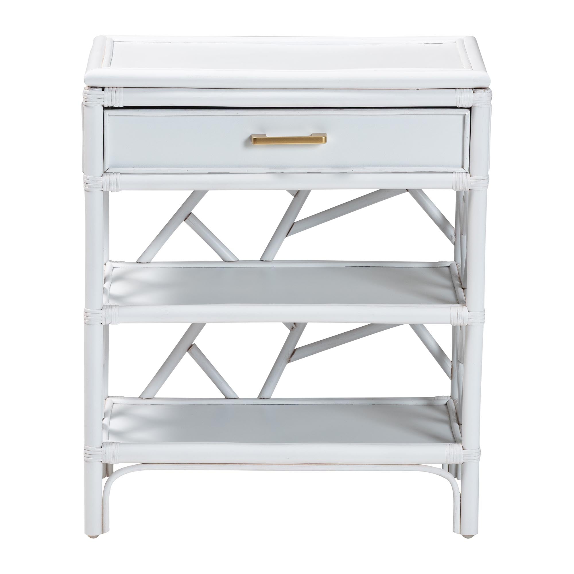 bali & pari Daina Rattan Nightstand with Drawer and Open Shelves- Coastal Bedside Table with Geometric Design,