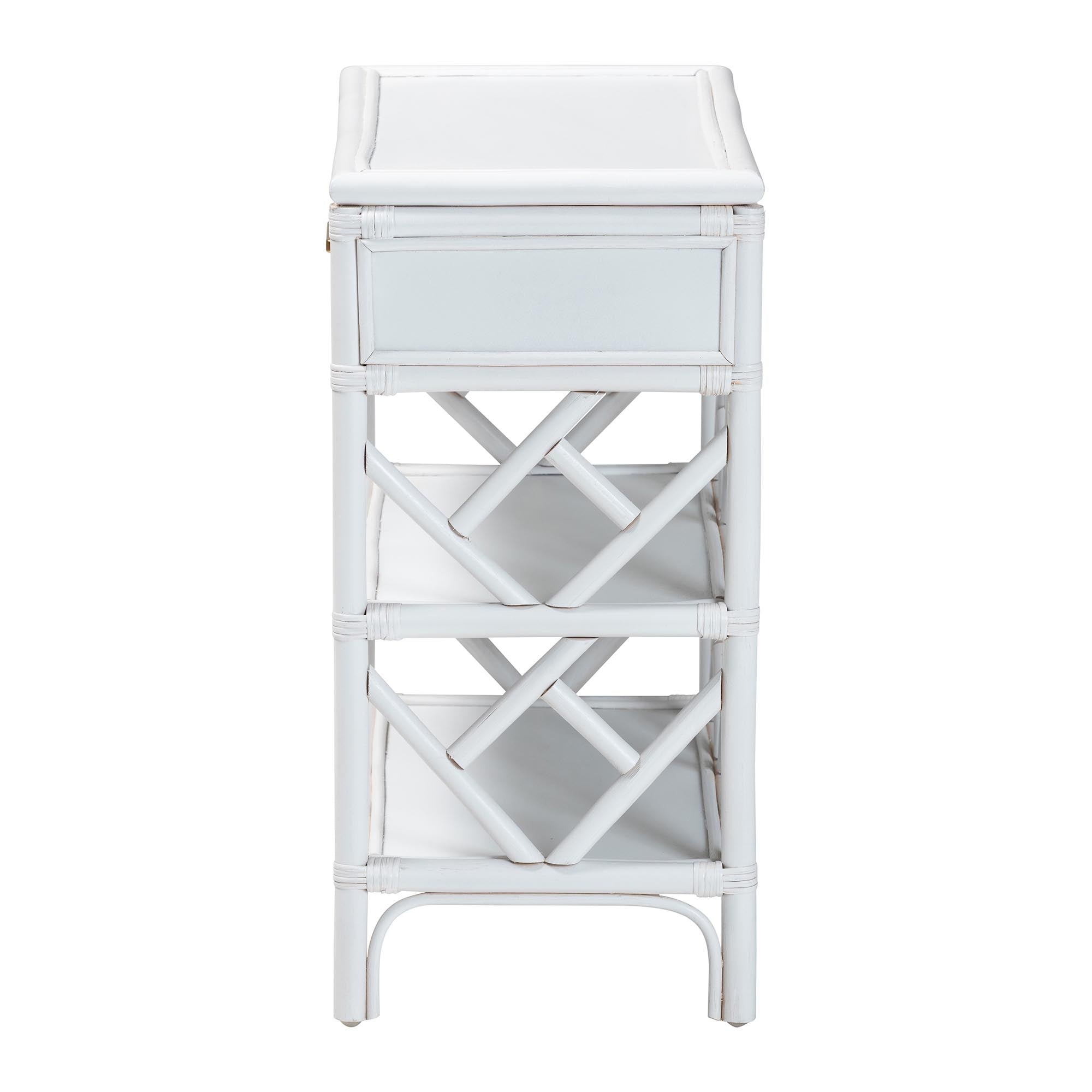 bali & pari Daina Rattan Nightstand with Drawer and Open Shelves- Coastal Bedside Table with Geometric Design,