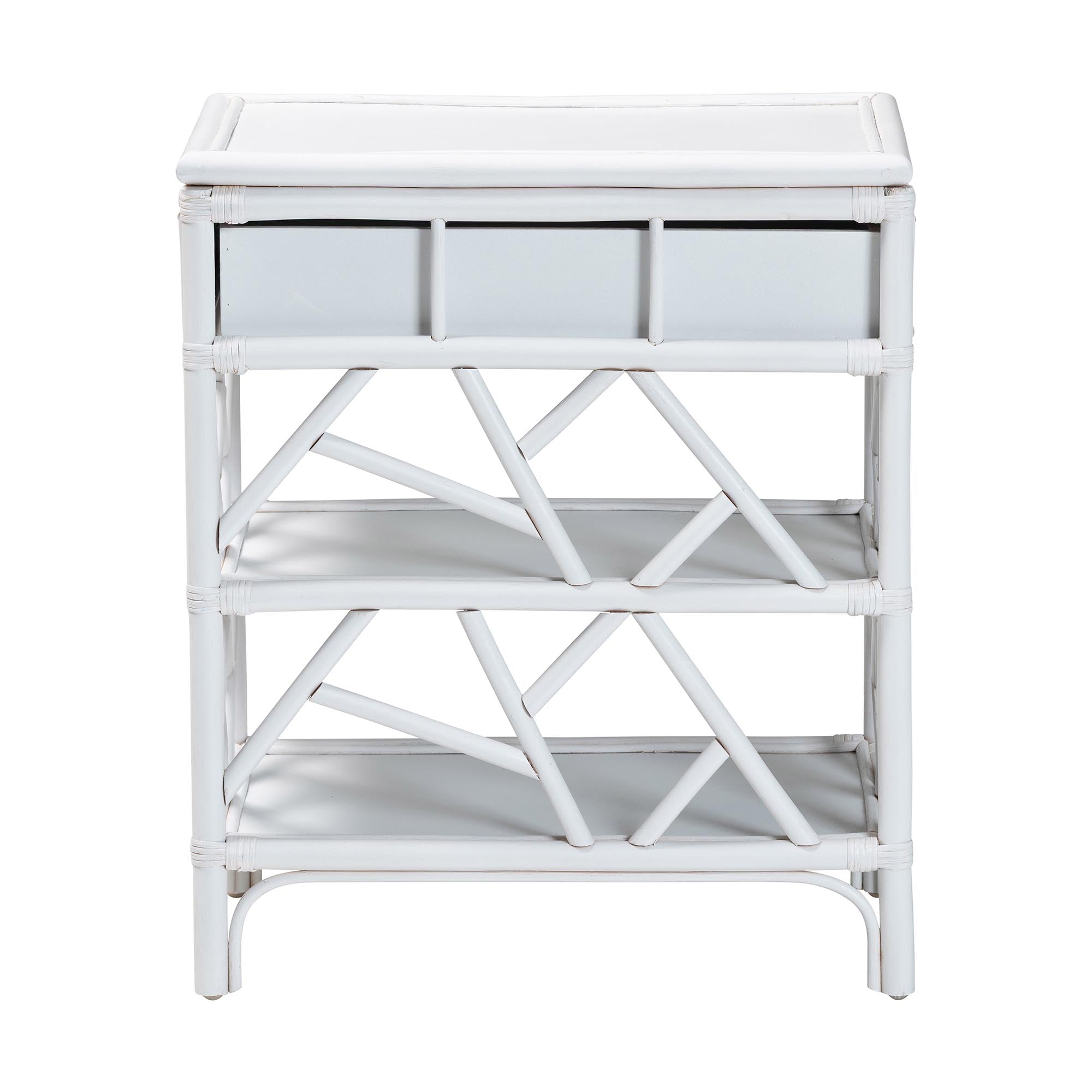 bali & pari Daina Rattan Nightstand with Drawer and Open Shelves- Coastal Bedside Table with Geometric Design,