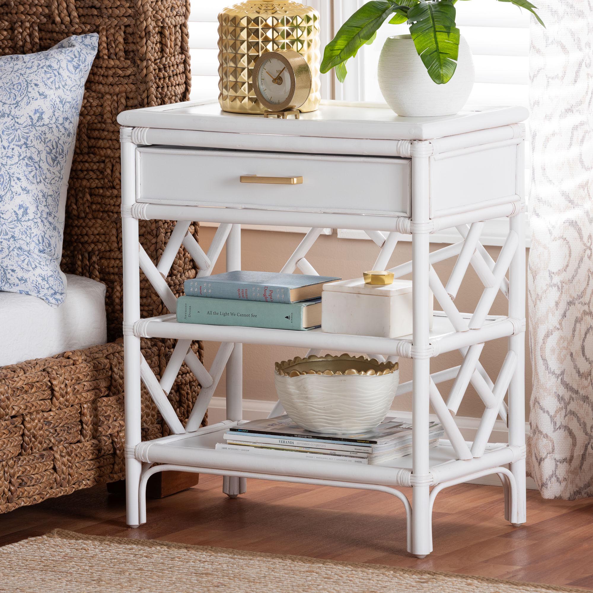 bali & pari Daina Rattan Nightstand with Drawer and Open Shelves- Coastal Bedside Table with Geometric Design,