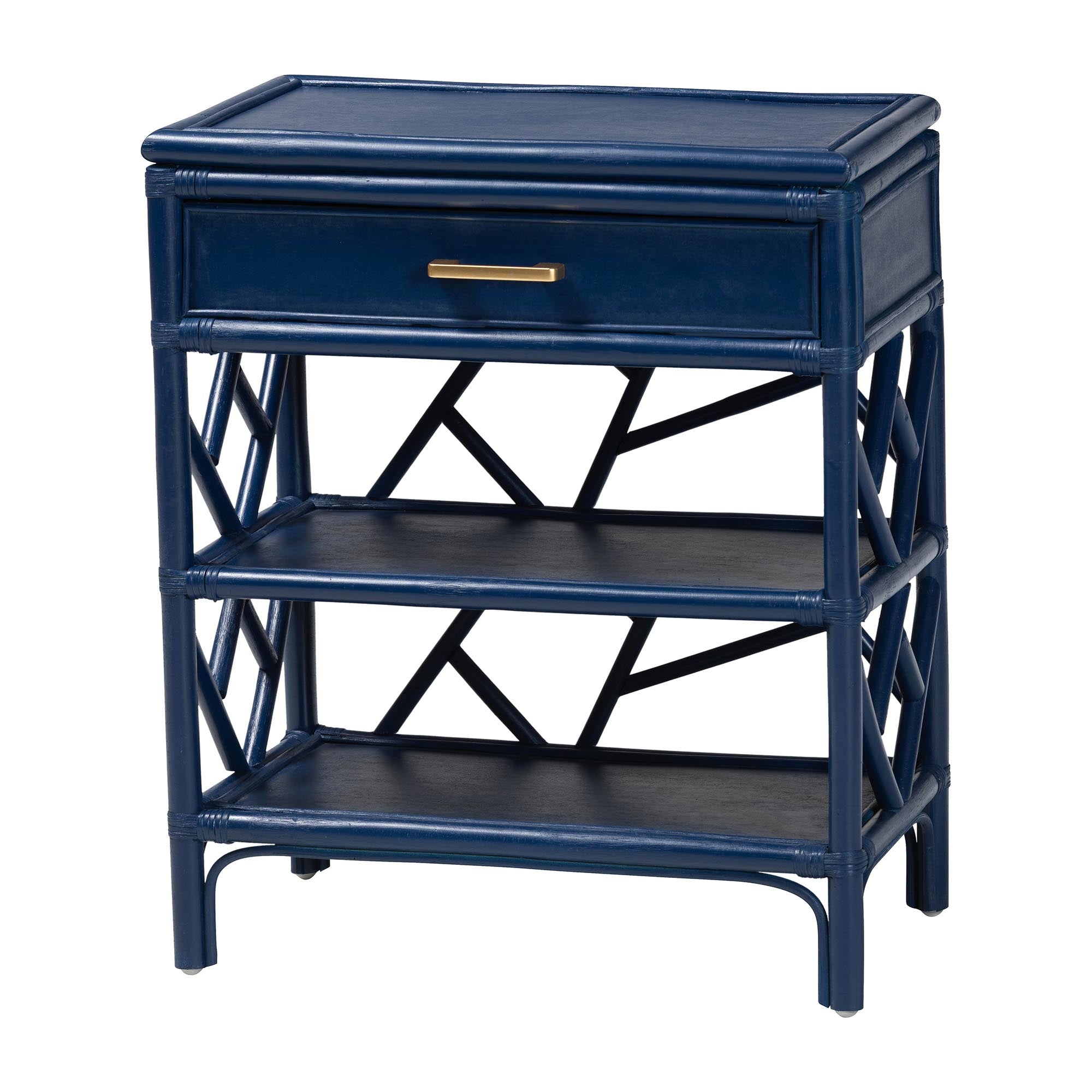 bali & pari Daina Rattan Nightstand with Drawer and Open Shelves- Coastal Bedside Table with Geometric Design,