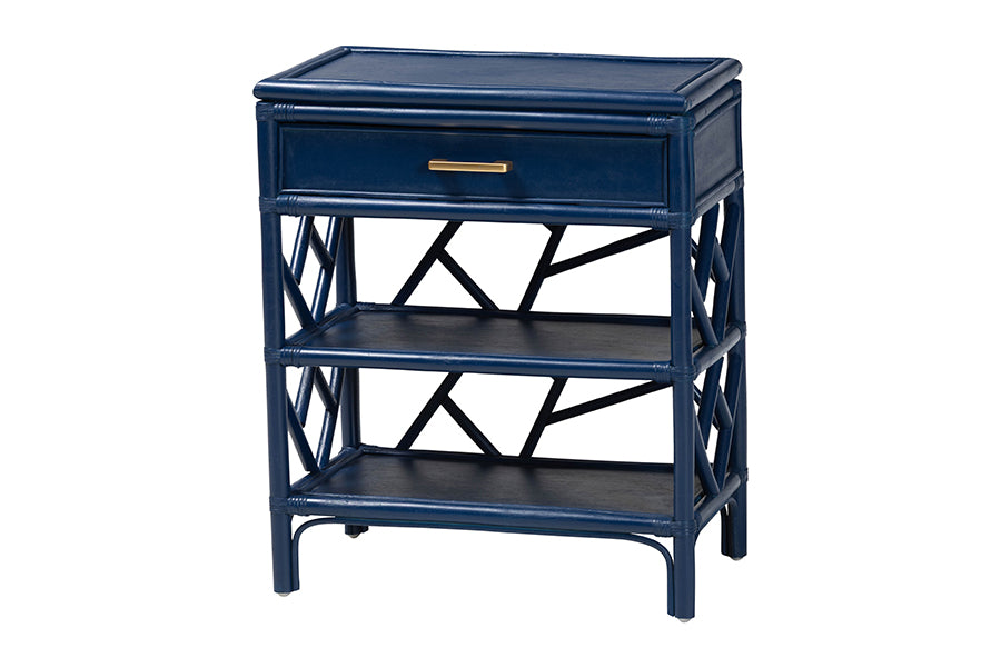 bali & pari Daina Rattan Nightstand with Drawer and Open Shelves- Coastal Bedside Table with Geometric Design,