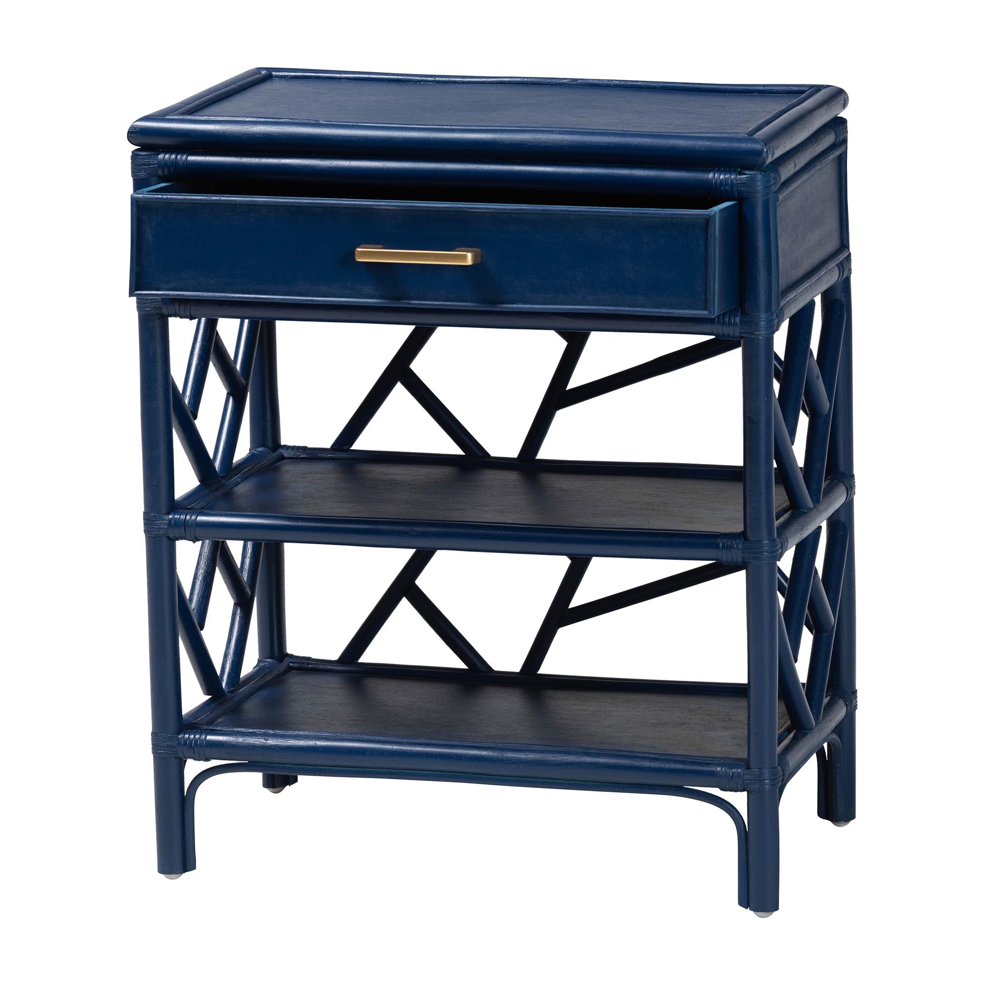 bali & pari Daina Rattan Nightstand with Drawer and Open Shelves- Coastal Bedside Table with Geometric Design,