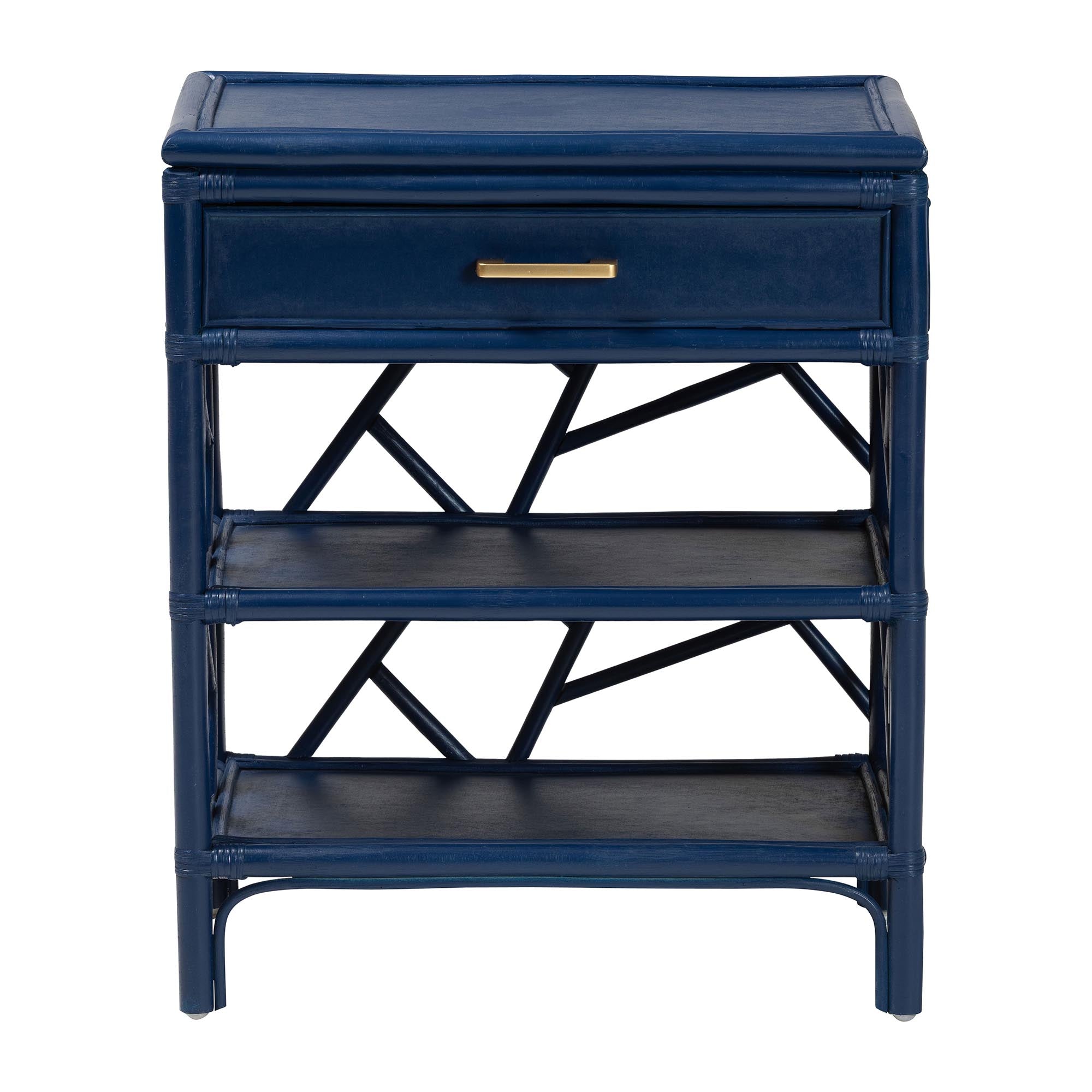 bali & pari Daina Rattan Nightstand with Drawer and Open Shelves- Coastal Bedside Table with Geometric Design,