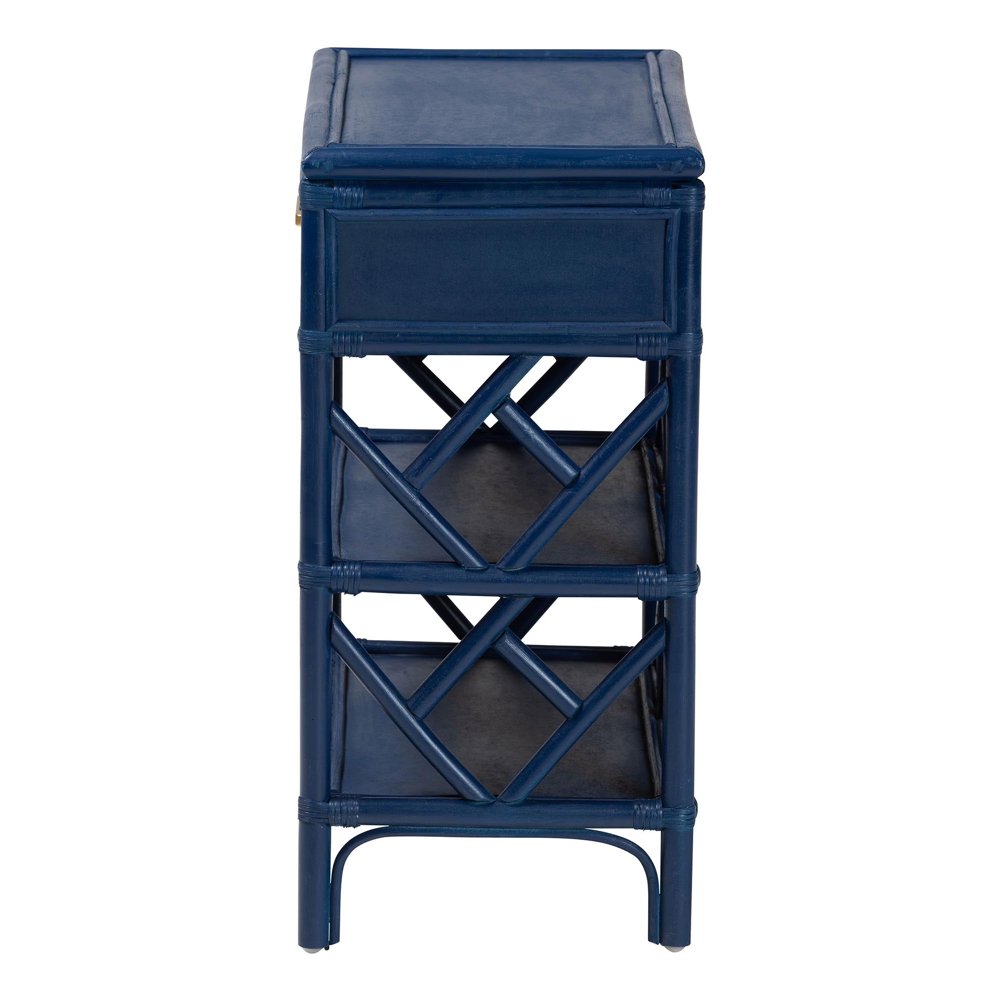 bali & pari Daina Rattan Nightstand with Drawer and Open Shelves- Coastal Bedside Table with Geometric Design,