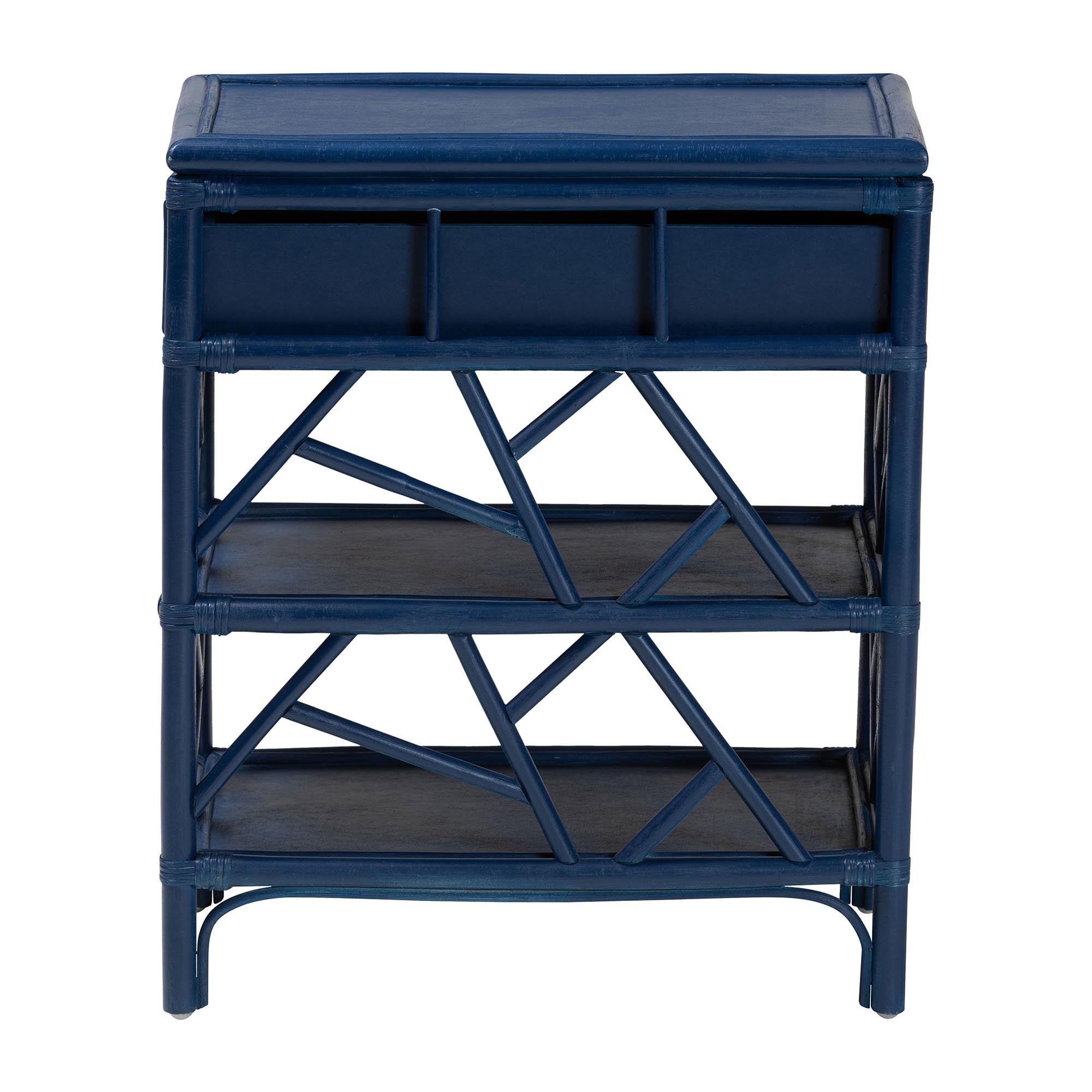 bali & pari Daina Rattan Nightstand with Drawer and Open Shelves- Coastal Bedside Table with Geometric Design,