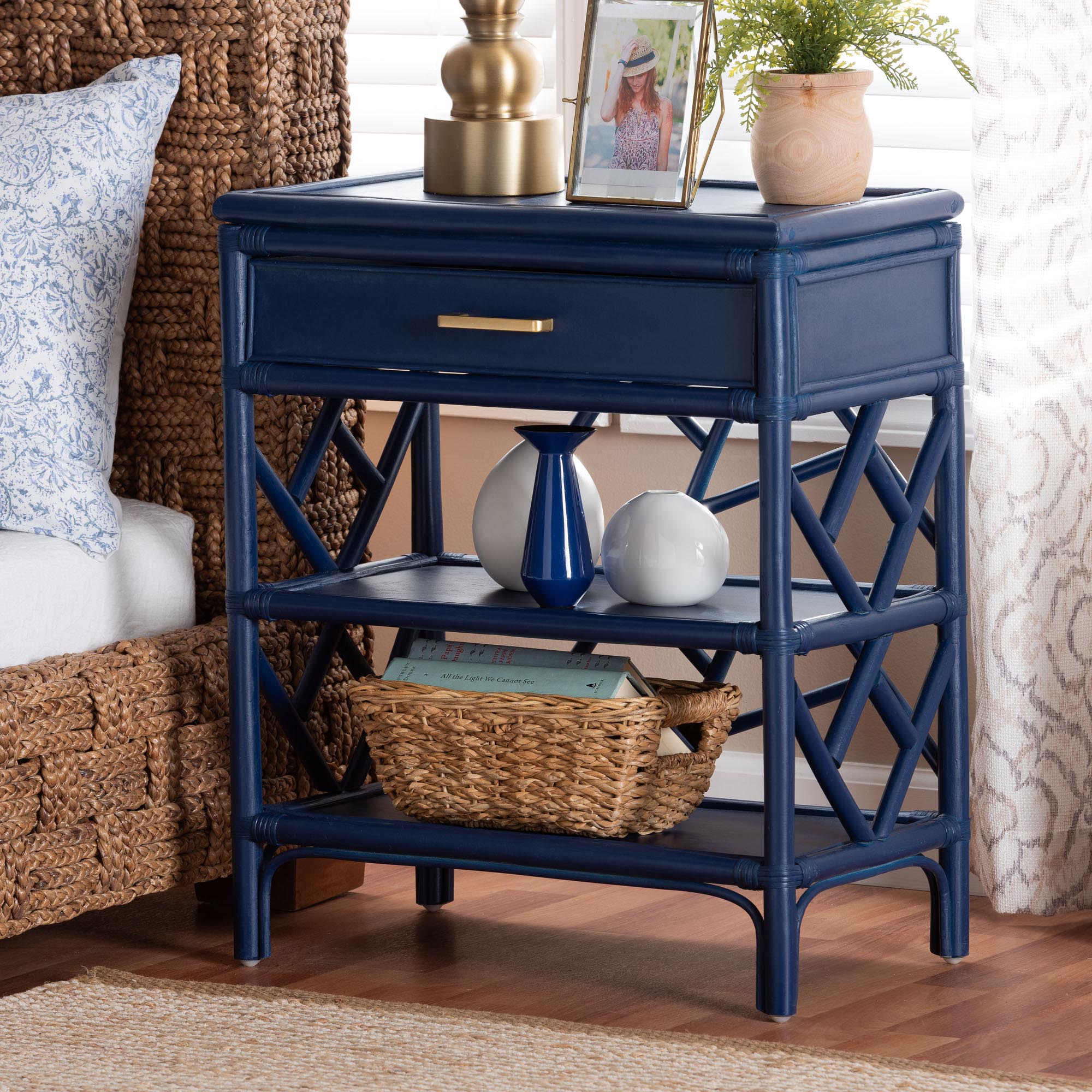 bali & pari Daina Rattan Nightstand with Drawer and Open Shelves- Coastal Bedside Table with Geometric Design,