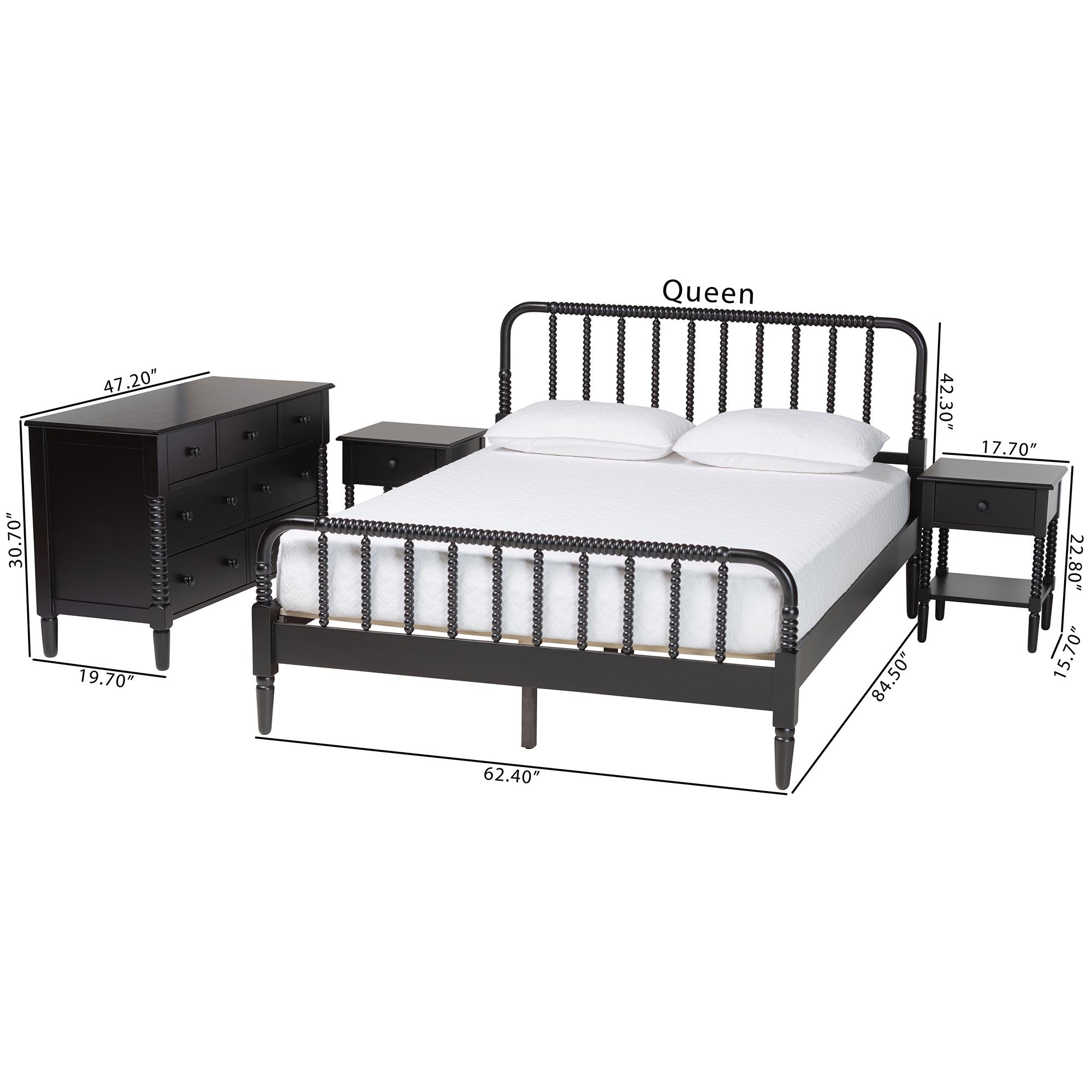 Braith Farmhouse Spindle Wood 4-Piece Bedroom Set with Two Nightstands