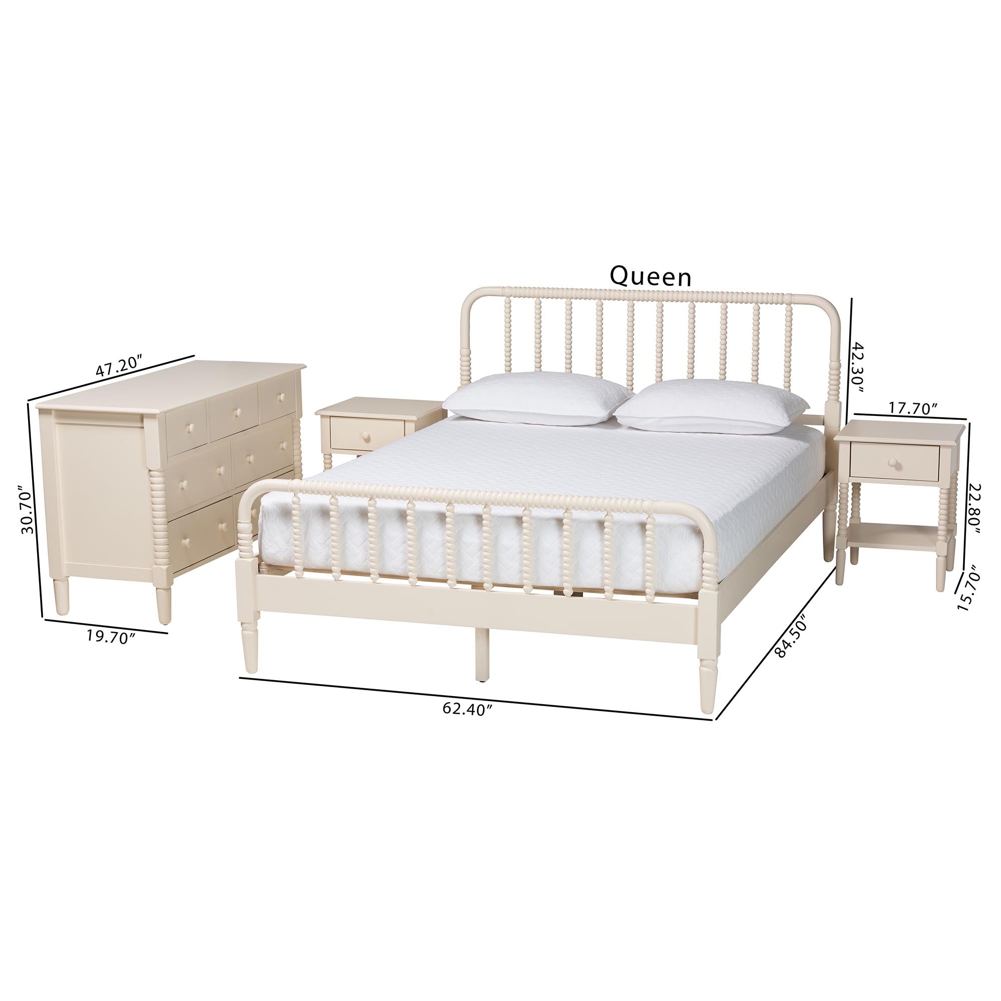 Braith Farmhouse Spindle Wood 4-Piece Bedroom Set with Two Nightstands