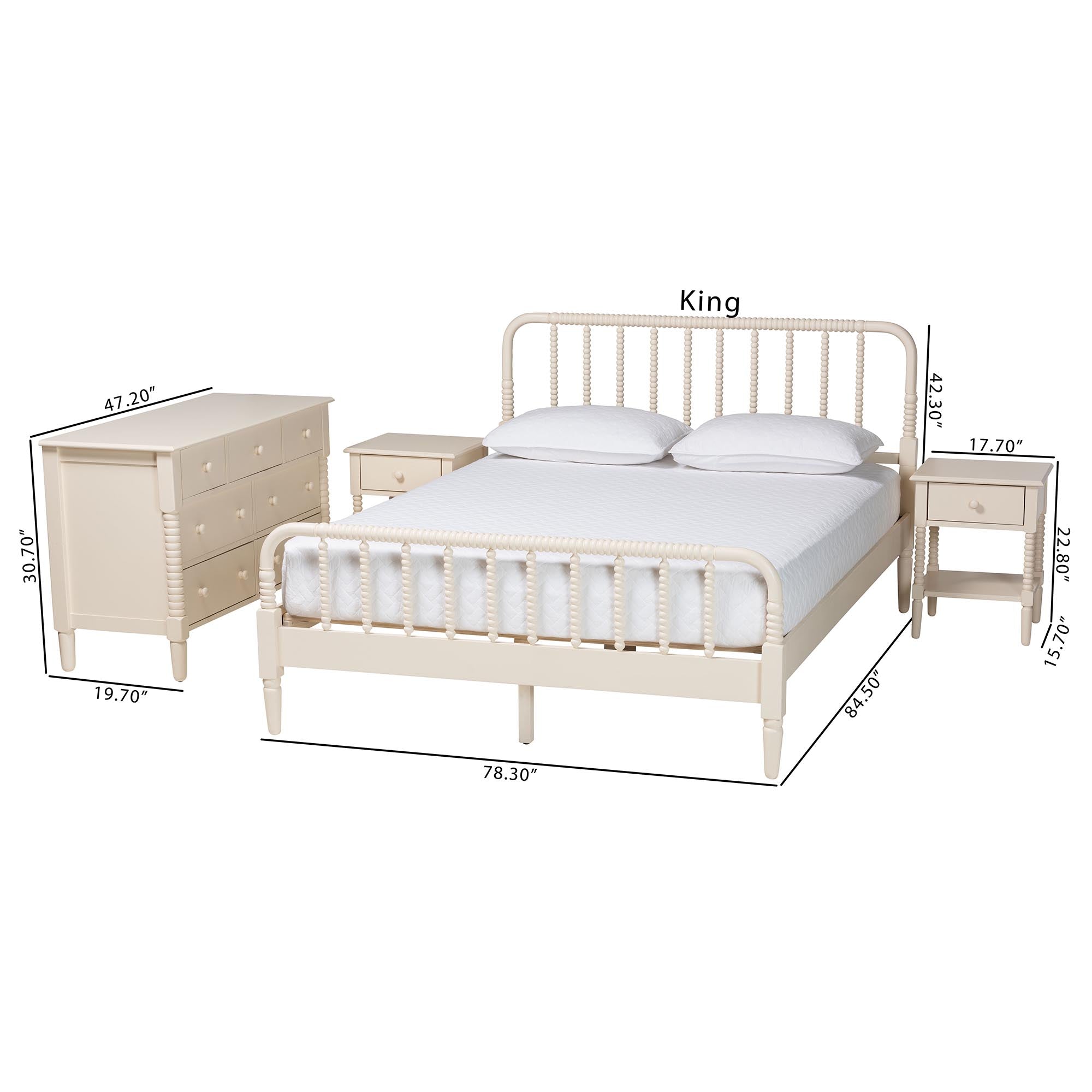 Braith Farmhouse Spindle Wood 4-Piece Bedroom Set with Two Nightstands