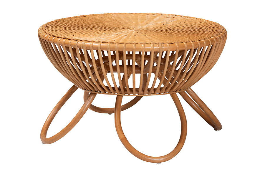 bali & pari Abel Rattan Coffee Table with Splayed Legs - Handcrafted Boho Accent Table, Light Honey