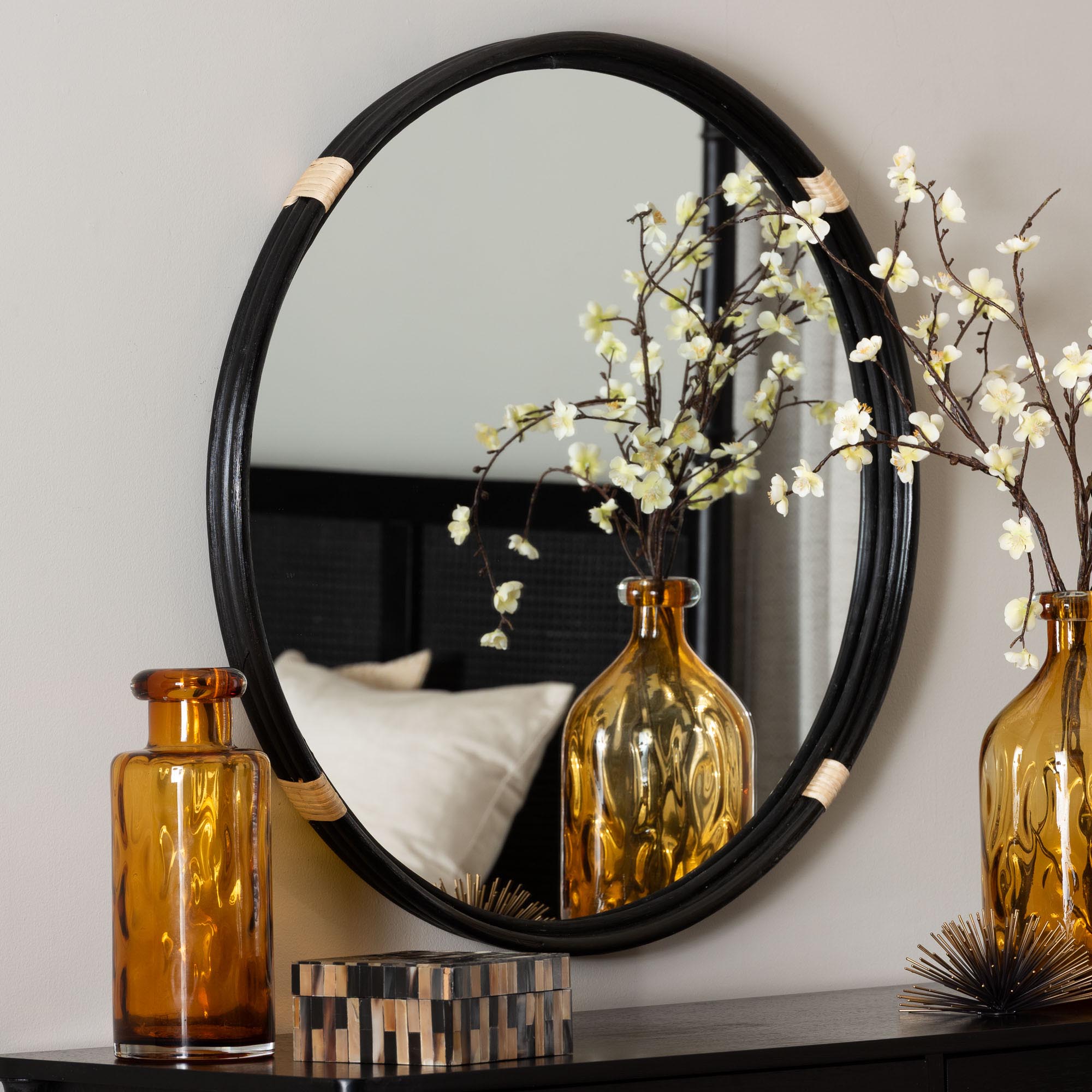 bali & pari Fenicia Round Rattan Wall Mirror with Frame - Decorative Framed Mirror for Entryway, Living Room, or Bathroom