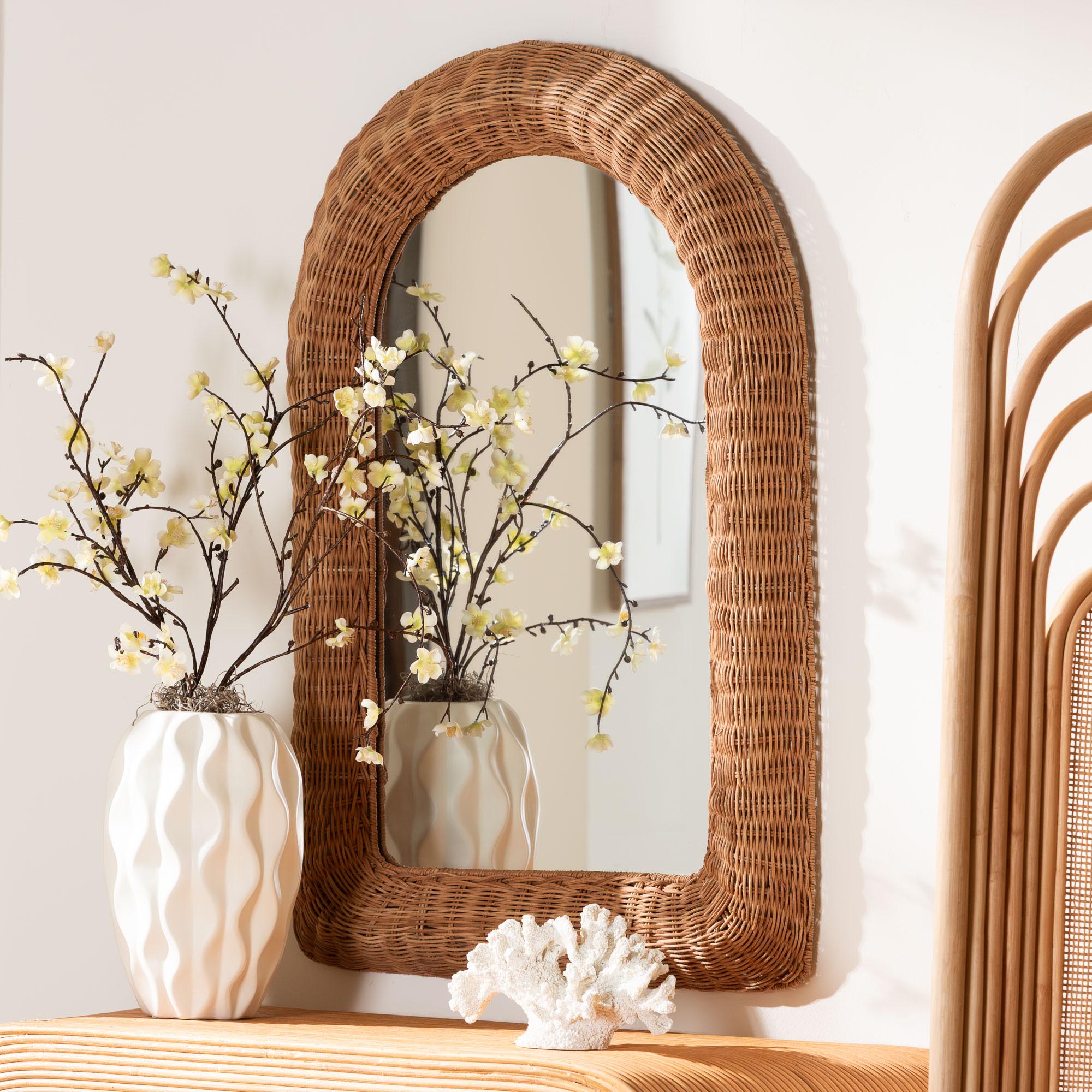 bali & pari Brisia Arched Rattan Wall Mirror - Handwoven Wicker Framed Mirror for Entryway, Living Room, or Bedroom,