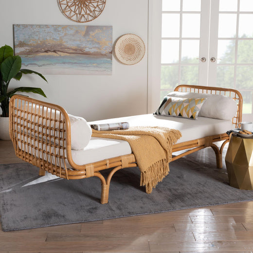 bali & pari Aiko Handwoven Rattan Daybed with Cushion - Boho Coastal Lounge Bed for Living Room, Bedroom, or Sunroom