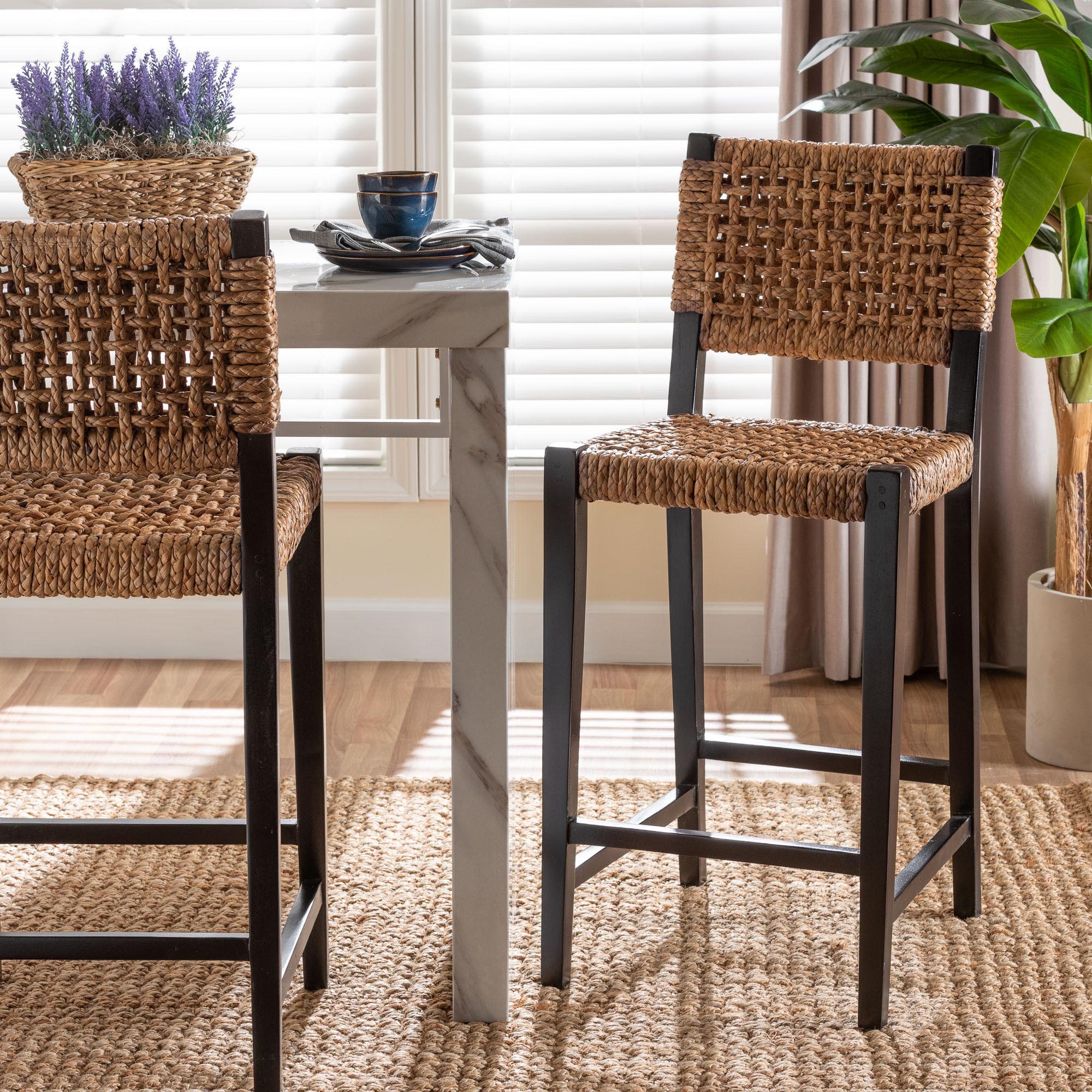 bali & pari Alise Handwoven Seagrass Bar Stool with Mahogany Wood Frame - Bar-Height Chair with Woven Back and Seat for Kitchen Island or Home Bar,