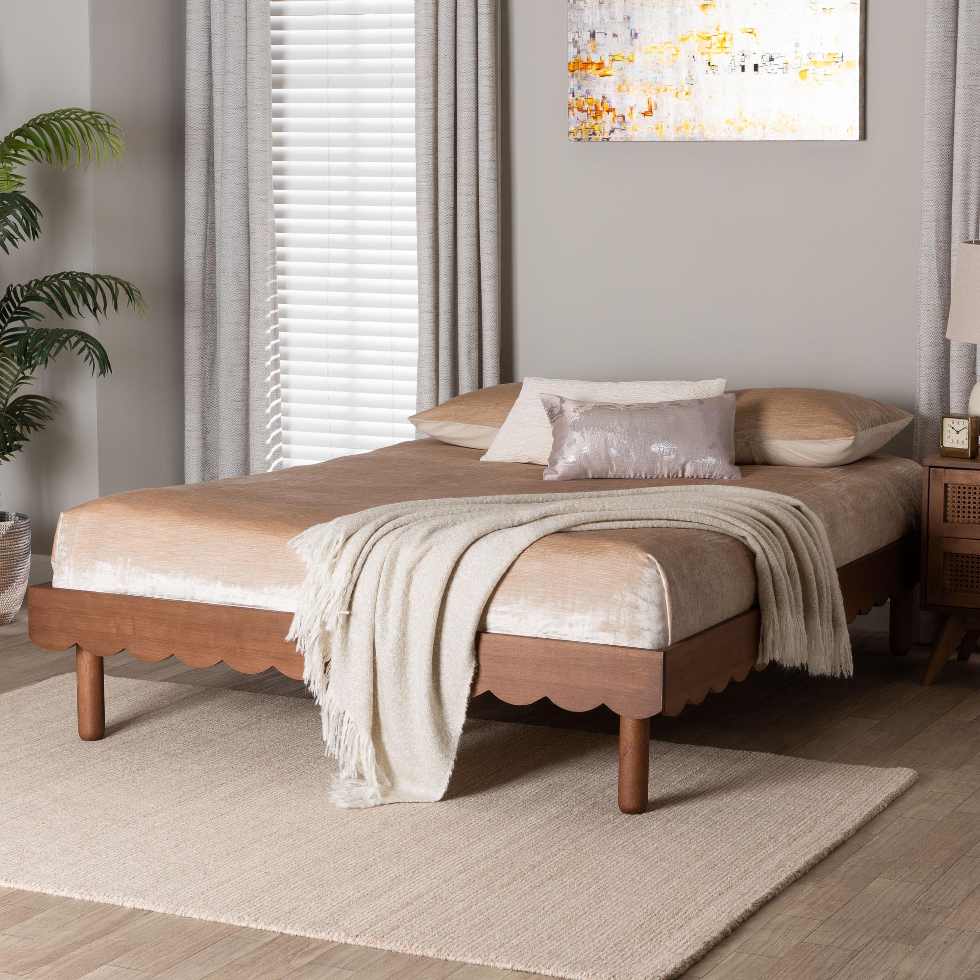 Orianthe Wood Platform Bed Frame with Scalloped Edge Design - Low Profile Bed Base with Round Legs, Modern Minimalist Bedroom Furniture,
