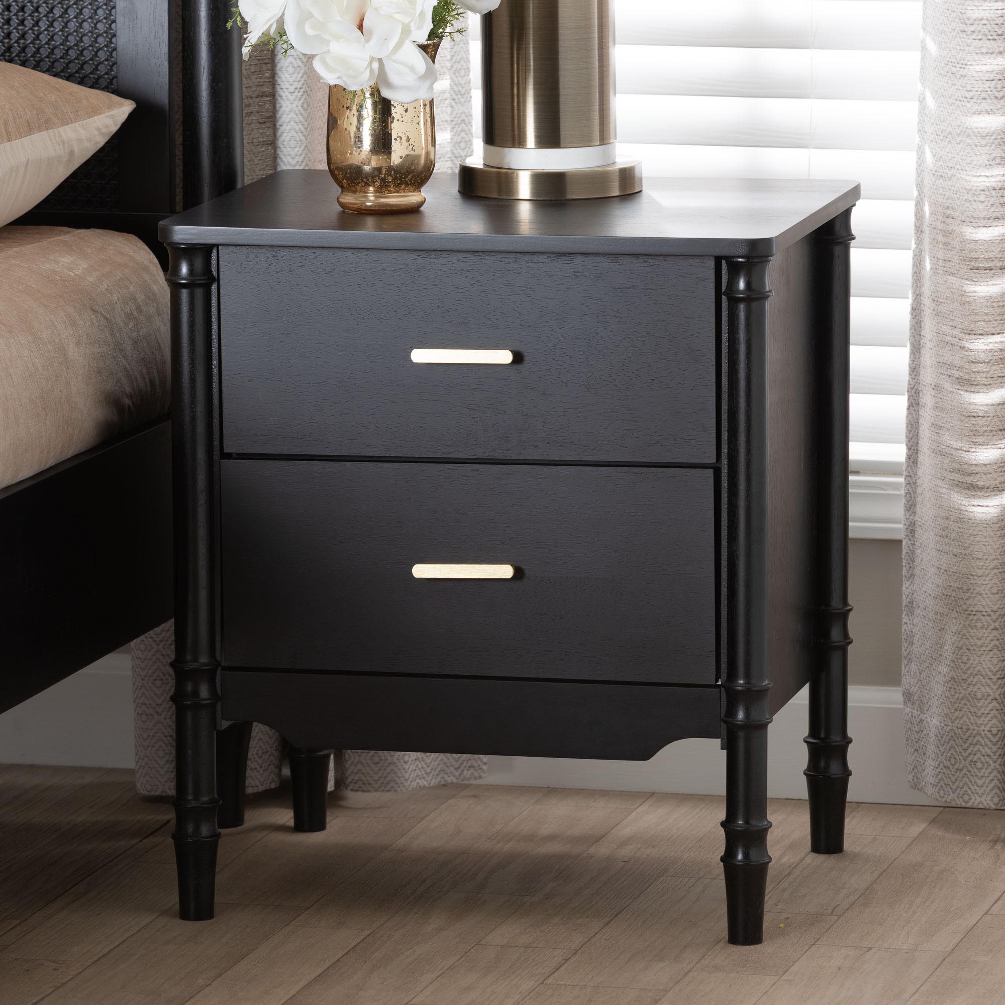Marisela Wood Nightstand with Handles - 2-Drawer Bedside Table with Bamboo-Inspired Legs, Modern Transitional Accent Furniture for Bedroom or Guest Room