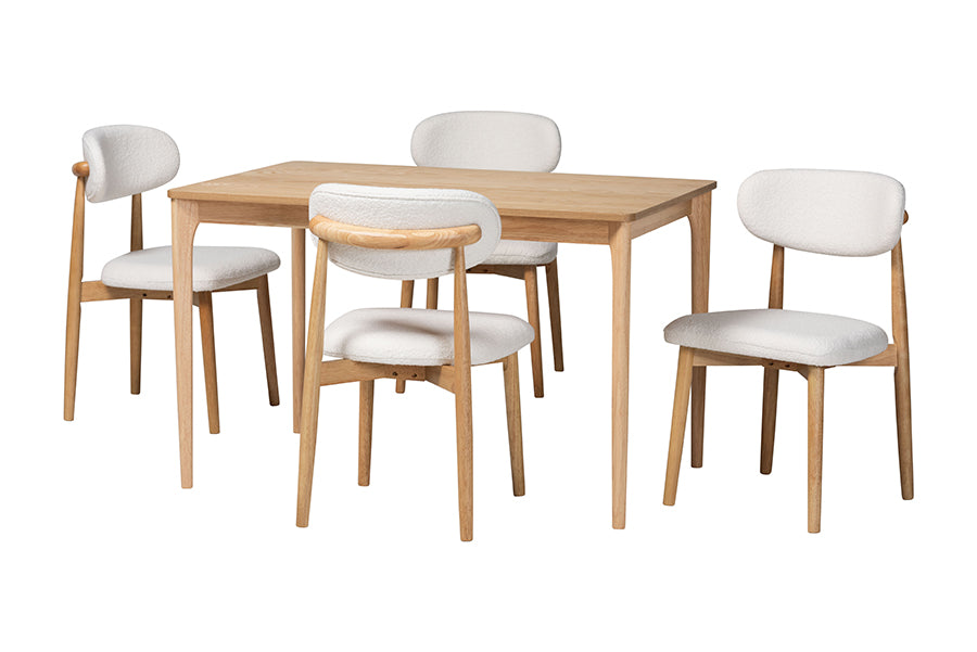 Wattsu 5-Piece Dining Set - Solid Wood Rectangular Table with Boucle Upholstered Chairs, Mid-Century Modern Dining Furniture for Kitchen or Dining Room, and