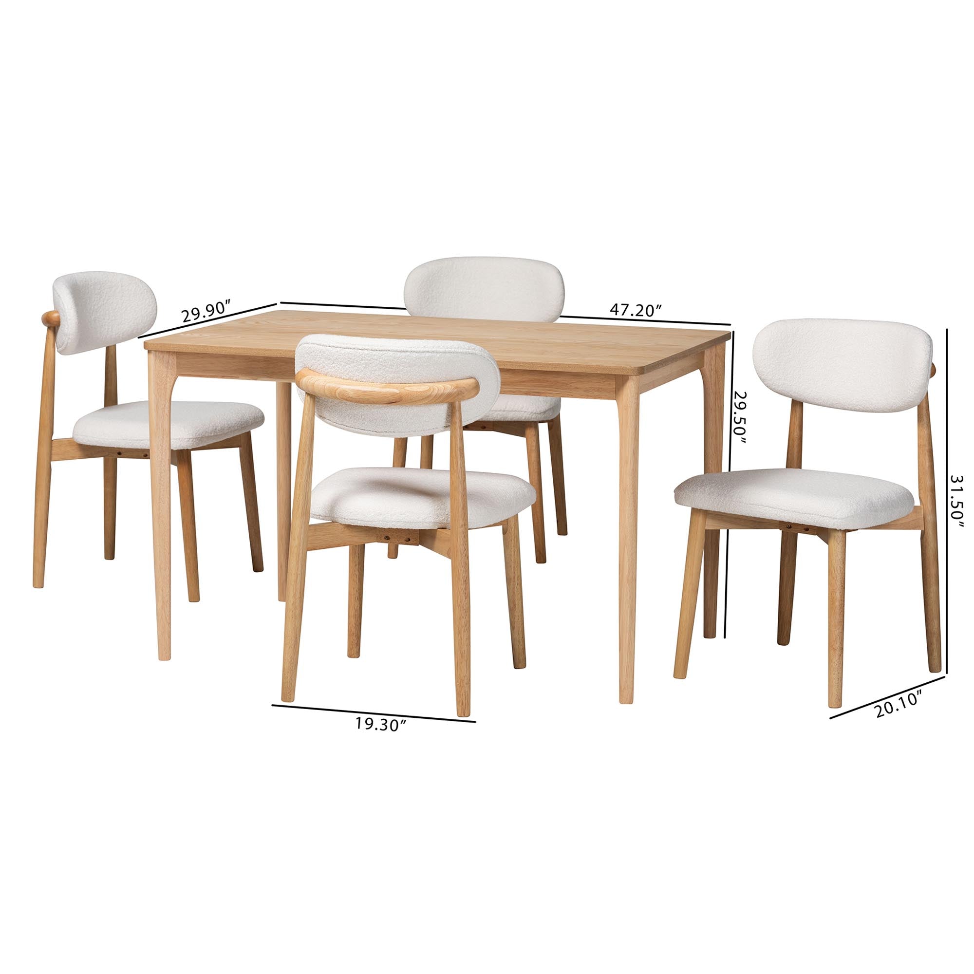 Wattsu 5-Piece Dining Set - Solid Wood Rectangular Table with Boucle Upholstered Chairs, Mid-Century Modern Dining Furniture for Kitchen or Dining Room, and