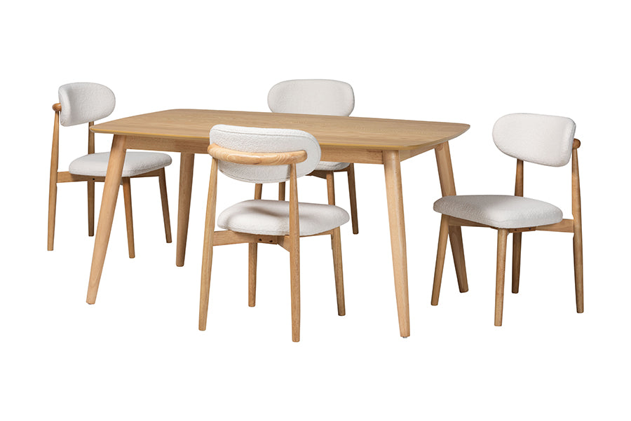 Emily 5-Piece Dining Set - Solid Wood Rectangular Table with Boucle Upholstered Chairs, Mid-Century Modern Dining Furniture for Kitchen or Dining Room, and