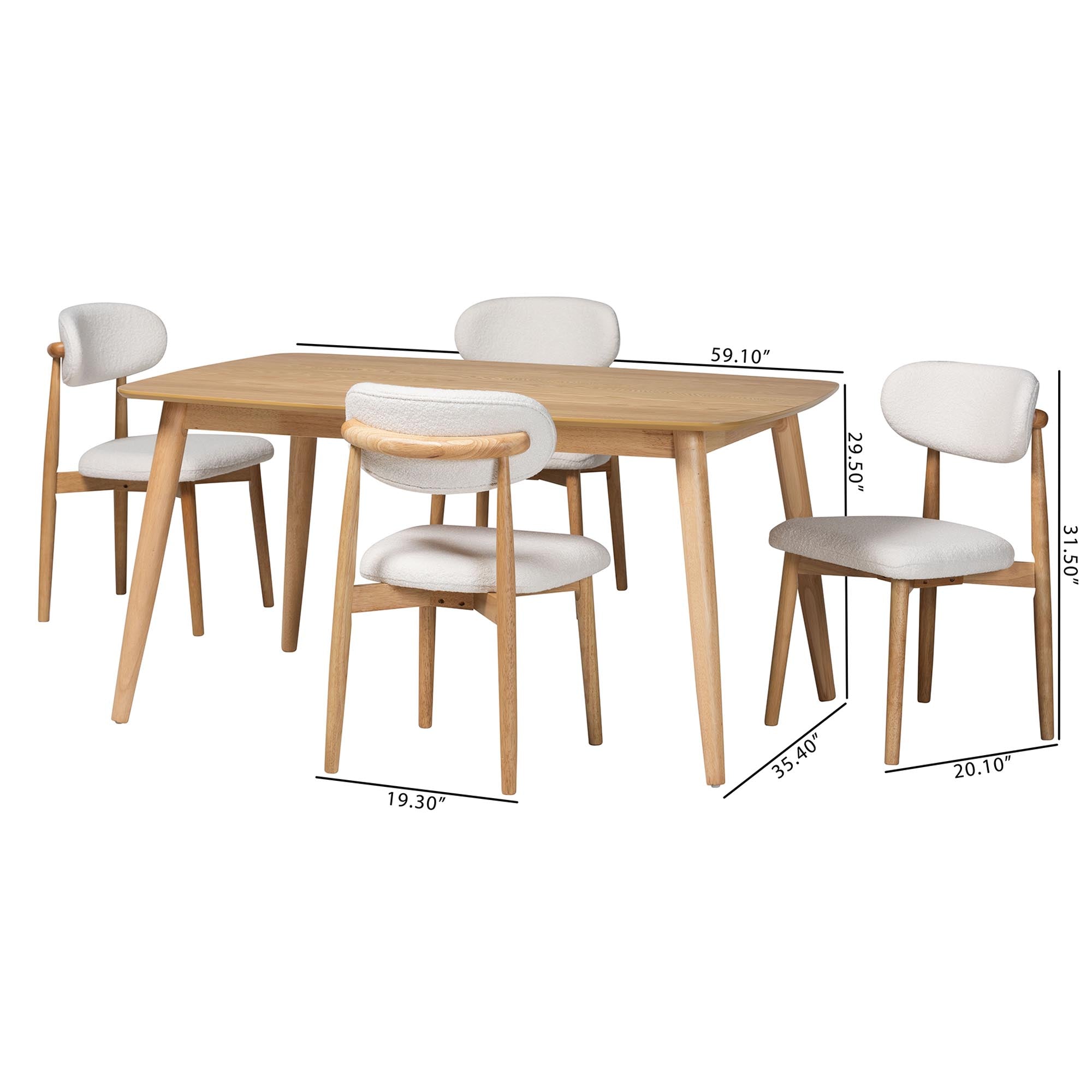 Emily 5-Piece Dining Set - Solid Wood Rectangular Table with Boucle Upholstered Chairs, Mid-Century Modern Dining Furniture for Kitchen or Dining Room, and