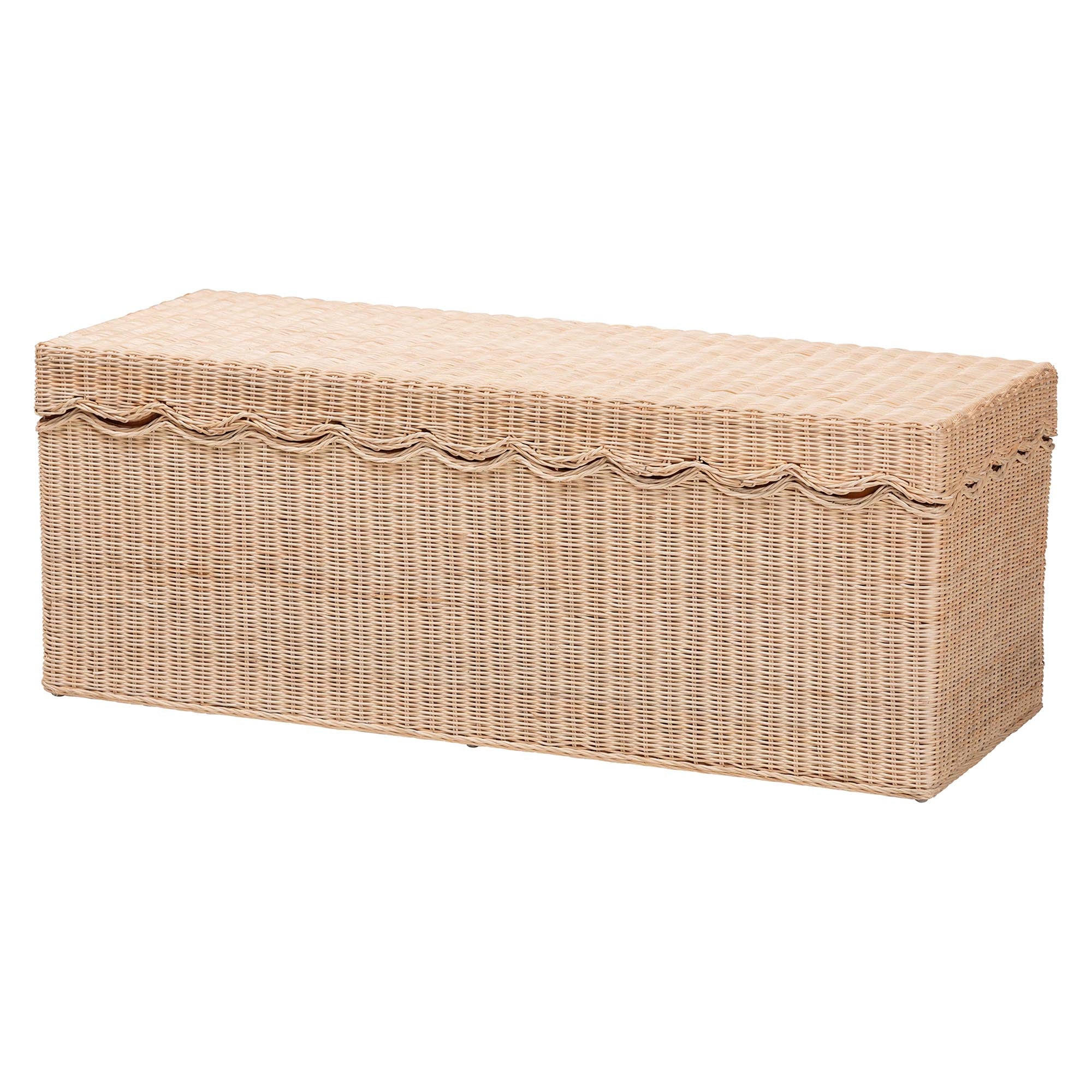 Bali & Pari Damita Scallop Rattan Chest with Lift-top Lid Coastal Boho Style Storage Bench