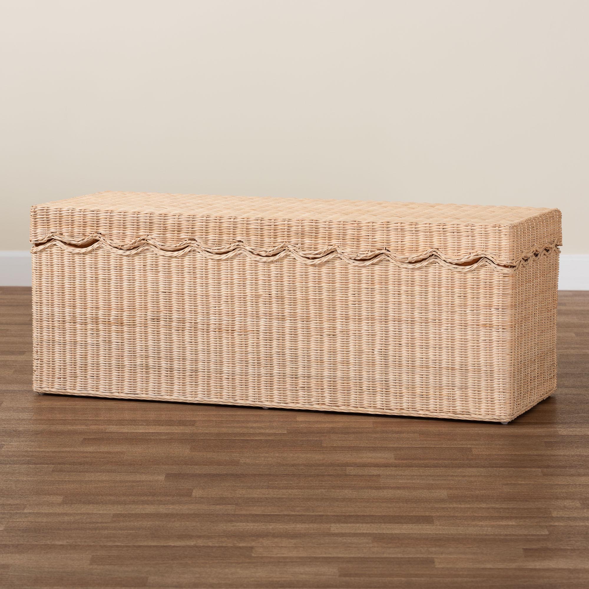 Bali & Pari Damita Scallop Rattan Chest with Lift-top Lid Coastal Boho Style Storage Bench