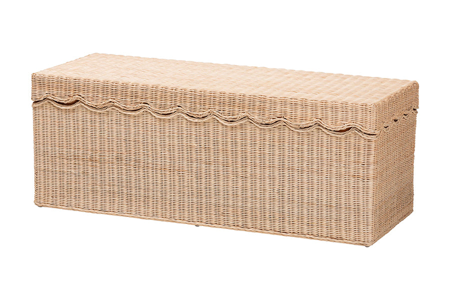 Bali & Pari Damita Scallop Rattan Chest with Lift-top Lid Coastal Boho Style Storage Bench