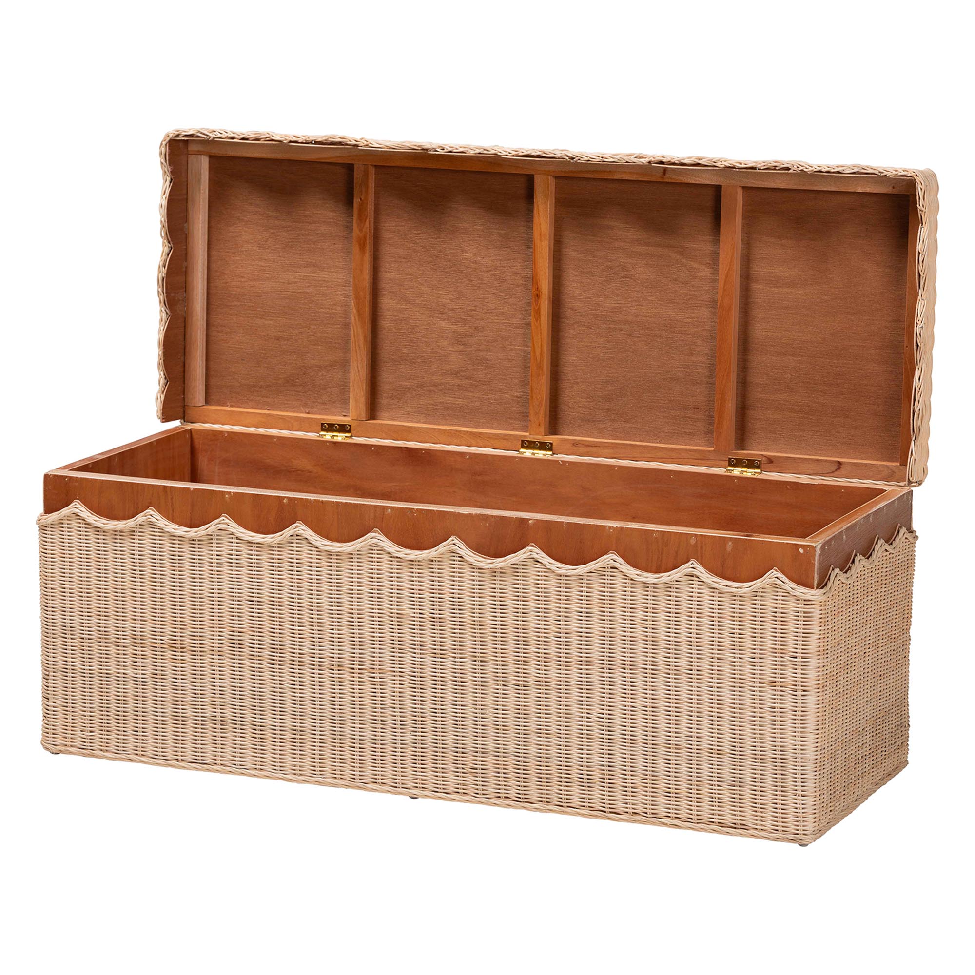 Bali & Pari Damita Scallop Rattan Chest with Lift-top Lid Coastal Boho Style Storage Bench