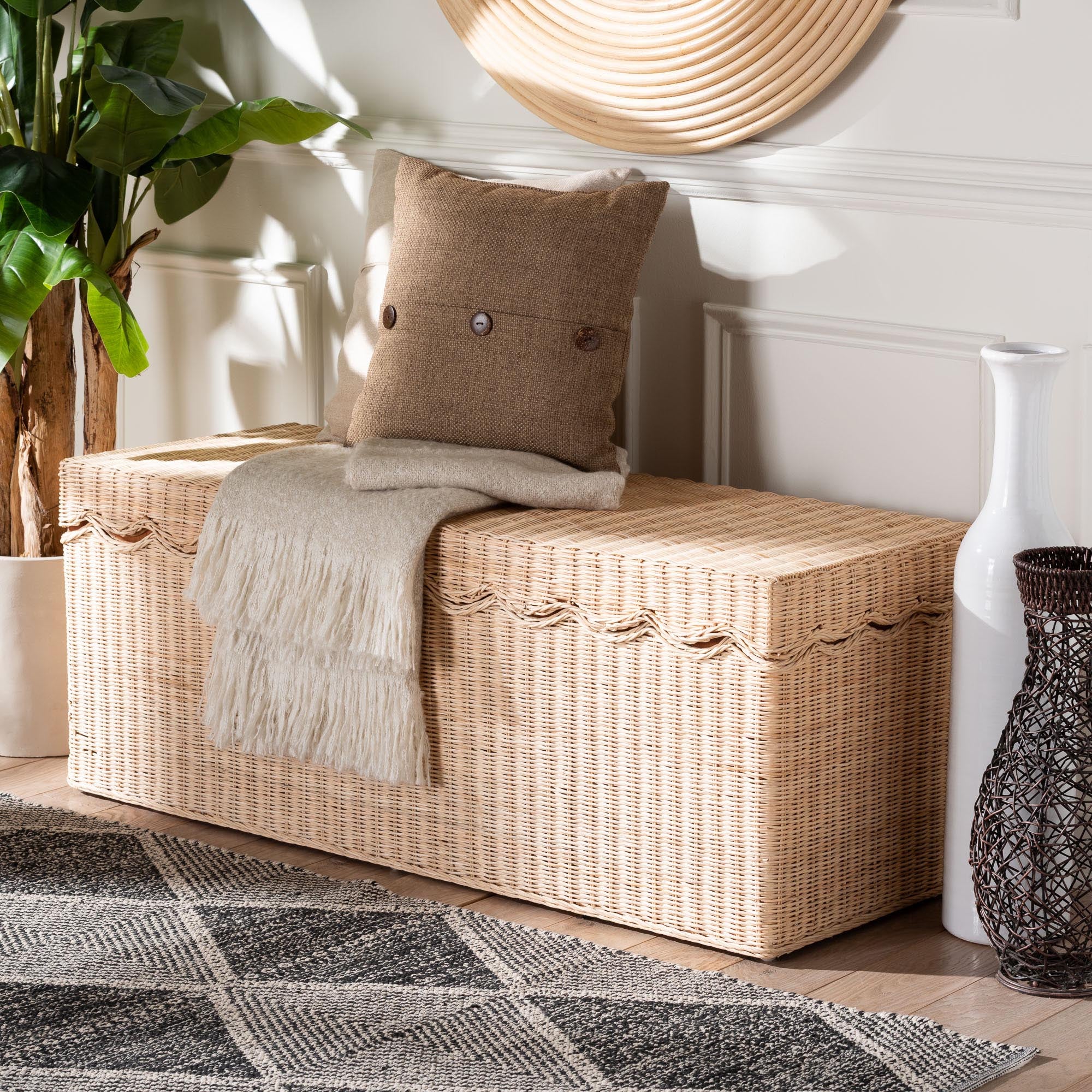 Bali & Pari Damita Scallop Rattan Chest with Lift-top Lid Coastal Boho Style Storage Bench