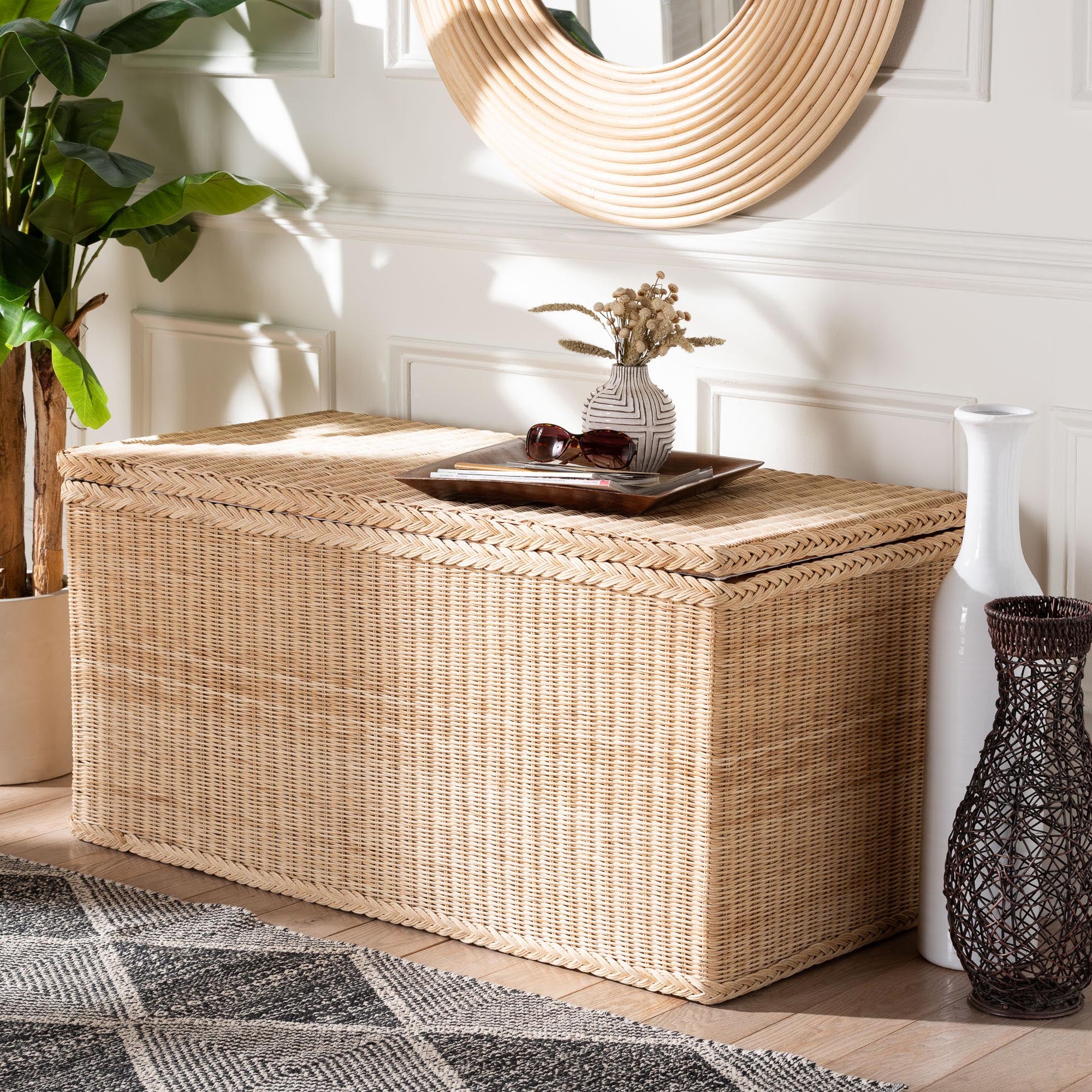 Bali & Pari Caden Braided Rattan Chest with Lift-top Lid Coastal Boho Style Storage Bench