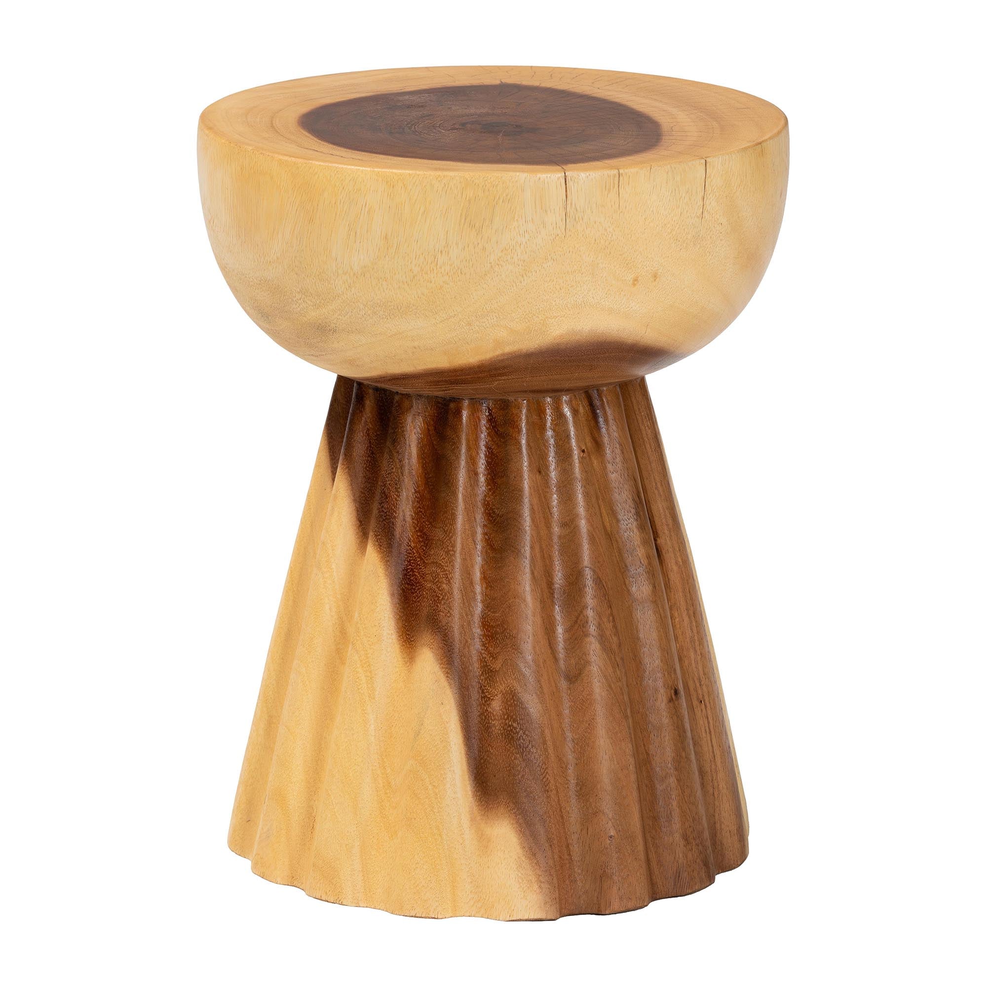 bali & pari Alara Hand-carved Suar Wood Side Table - Sculptural Pedestal Accent Table with Grain, Modern Boho Style for Living Room or Bedroom