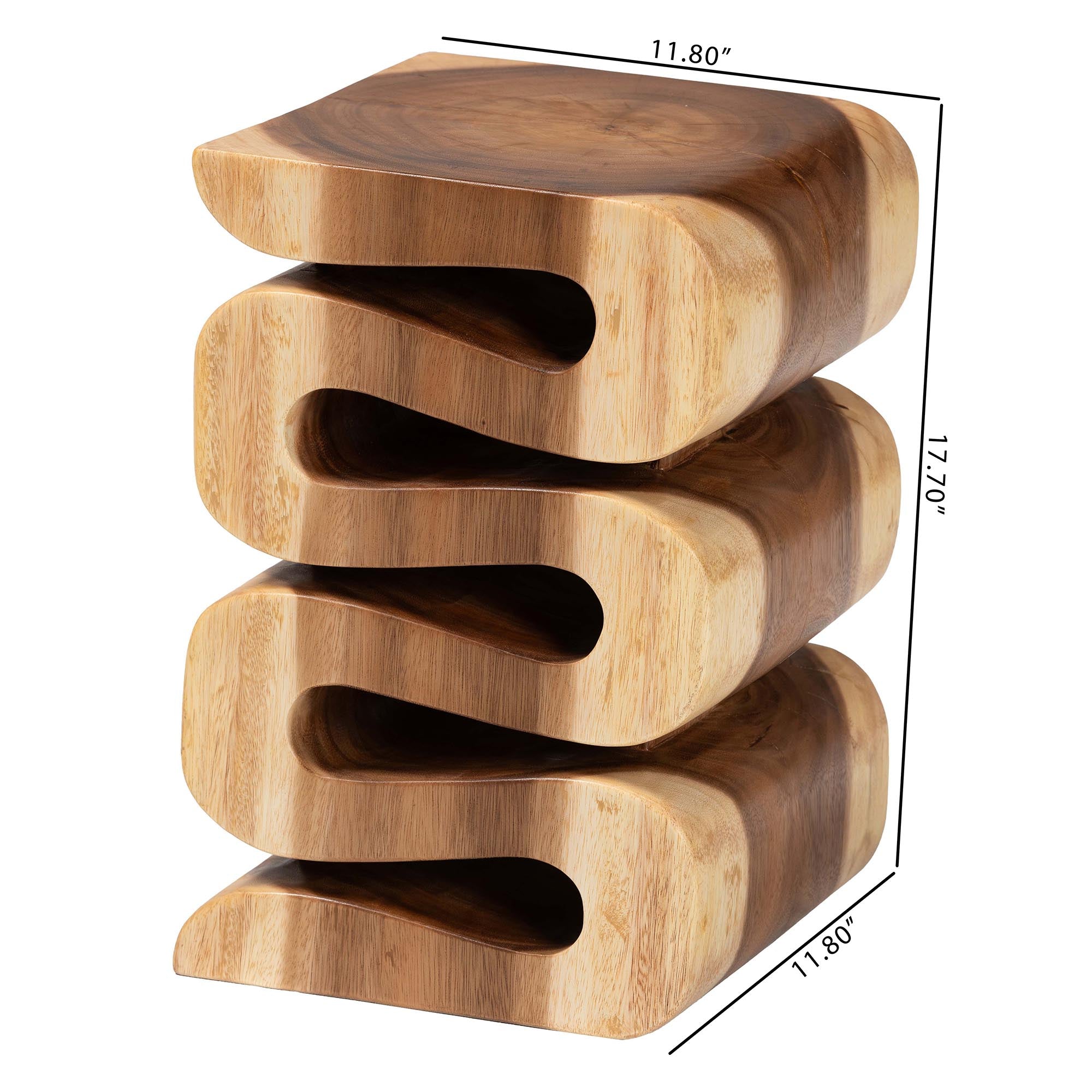 bali & pari Eliada Hand-carved Suar Wood Side Table - Wavy Sculptural Accent Table with Stacked Design, Modern Boho Style for Living Room or Bedroom