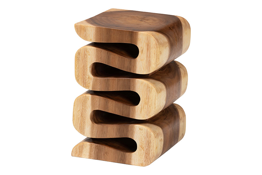 bali & pari Eliada Hand-carved Suar Wood Side Table - Wavy Sculptural Accent Table with Stacked Design, Modern Boho Style for Living Room or Bedroom